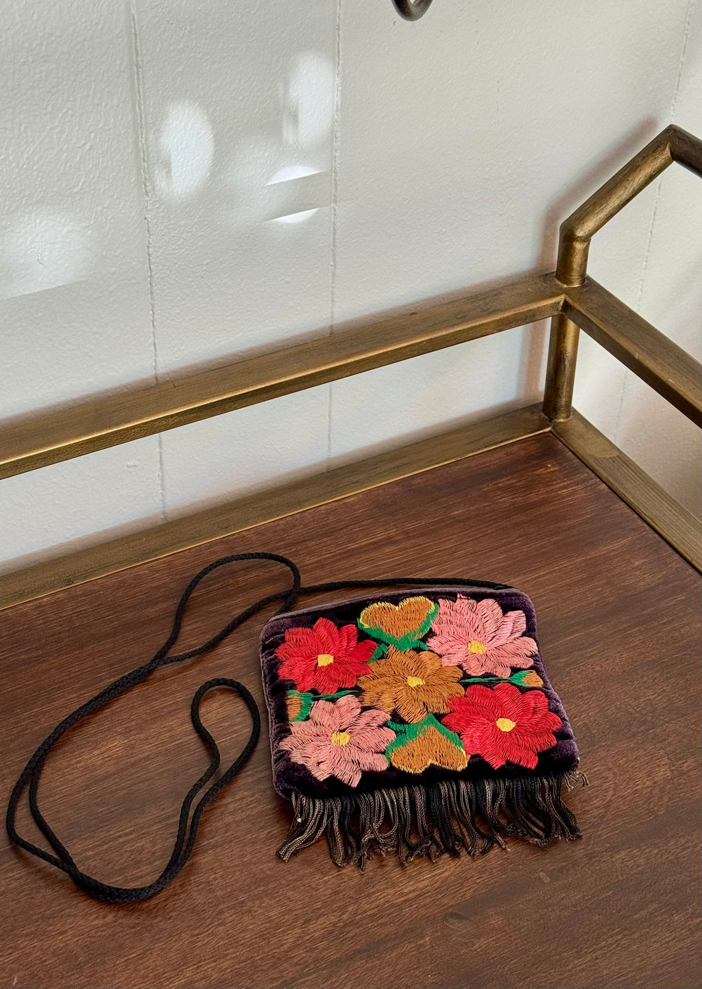 90s Mexican Velvet Embroidered Floral Fringe Purse