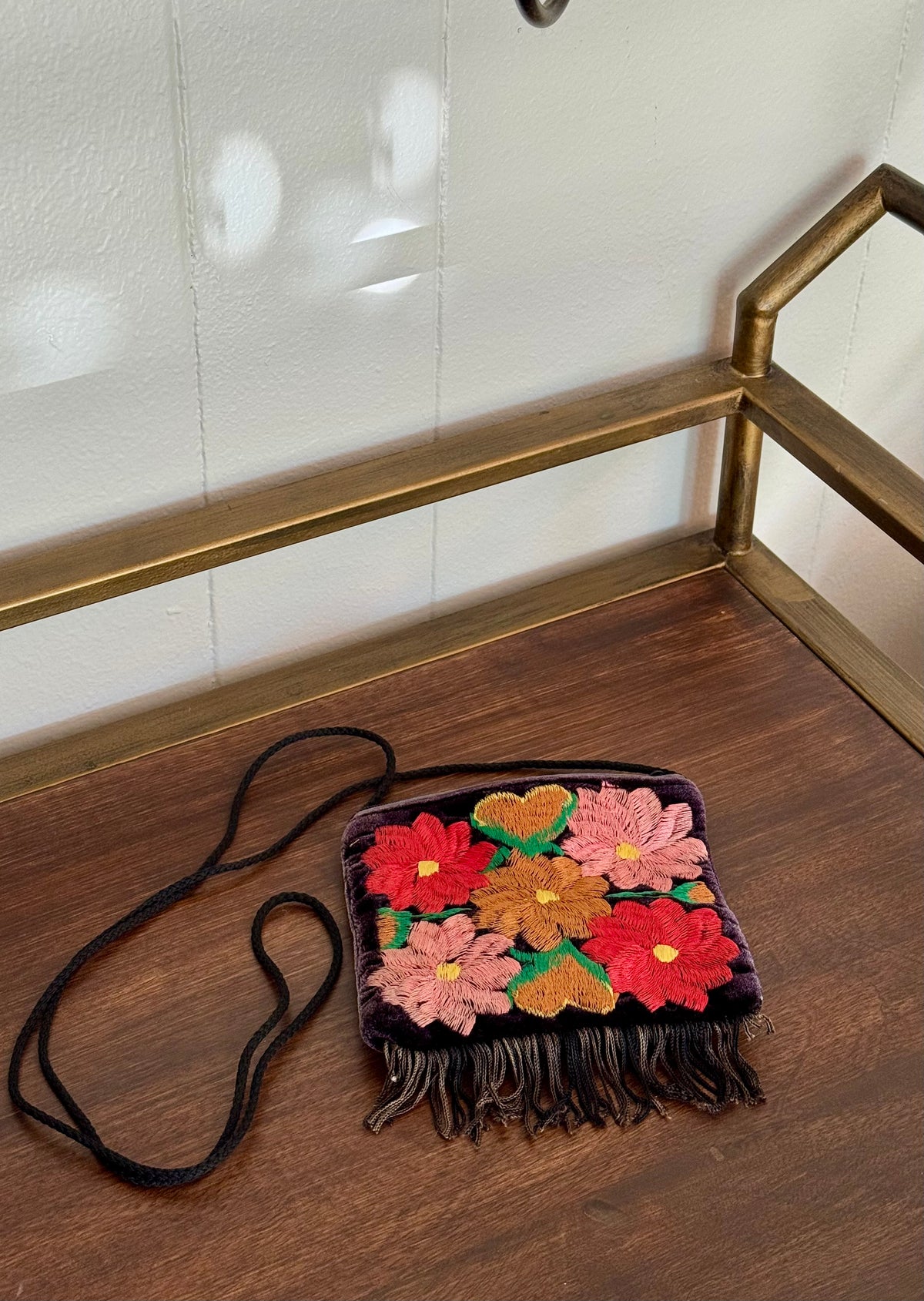 90s Mexican Velvet Embroidered Floral Fringe Purse