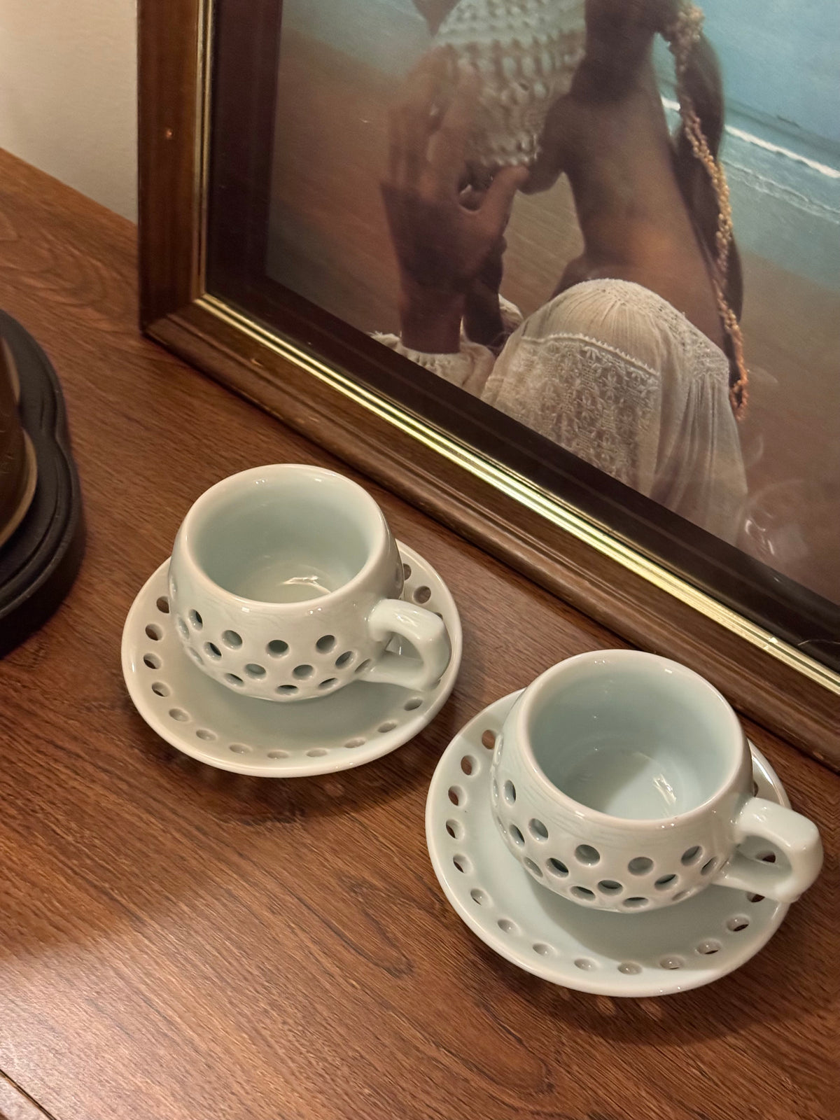 Vintage Made in Korea Celadon Pierced Double Walled Tea Cup and Saucer Set of 2