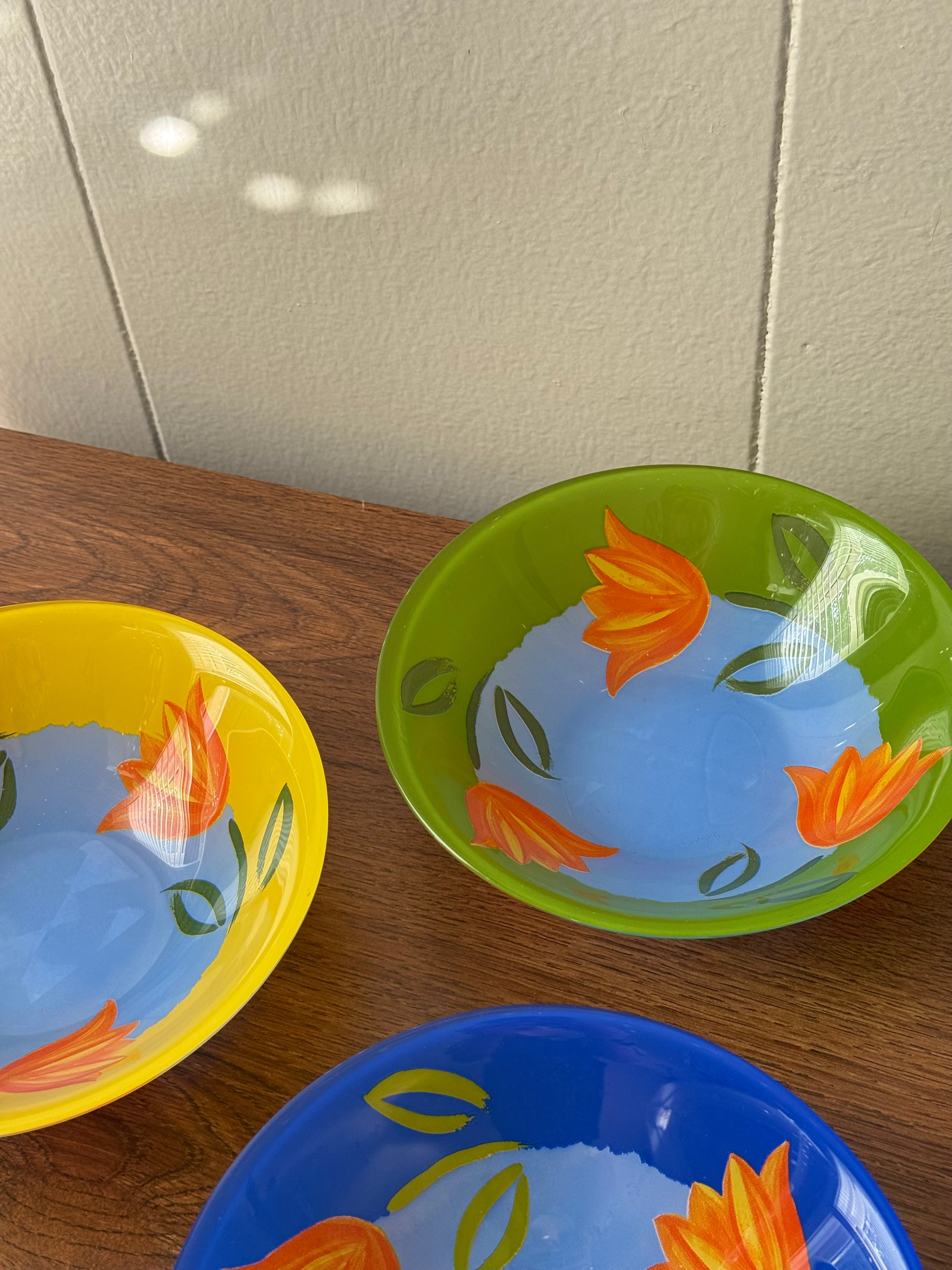 Vintage Set of 3 Arcoroc France "Matys" Tulip Floral Glass Cereal Bowls 🌷 90s Colorful Kitchen