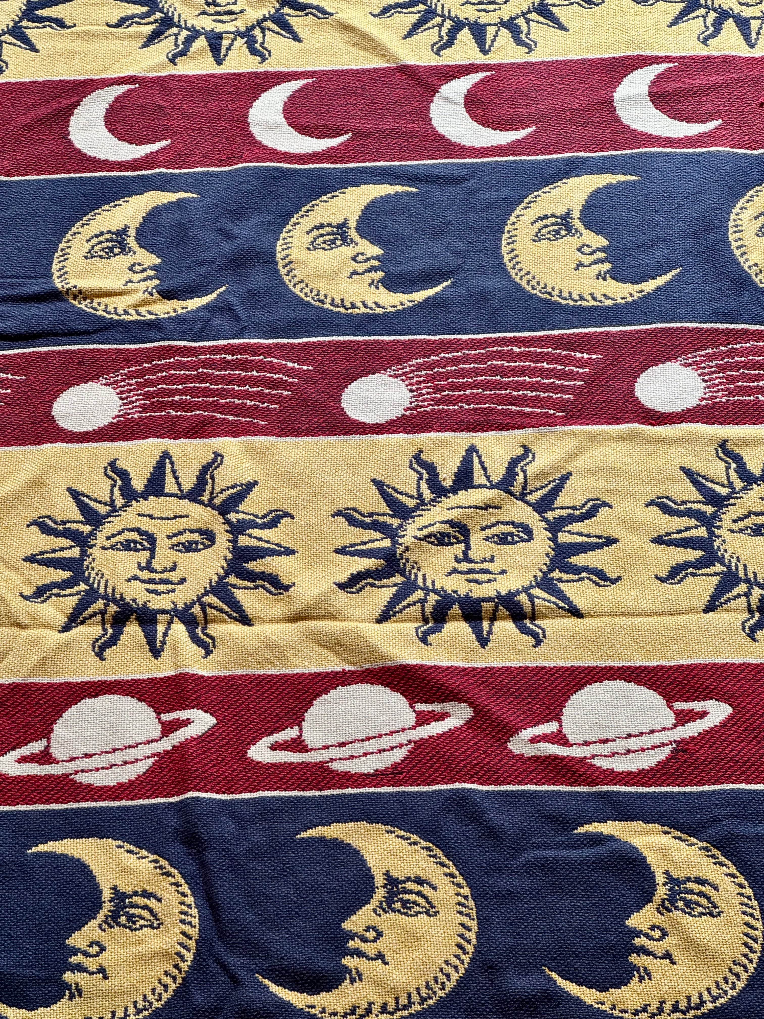 Vintage 90s Celestial Throw Tapestry Blanket Sun Moon Stars Whimsigoth