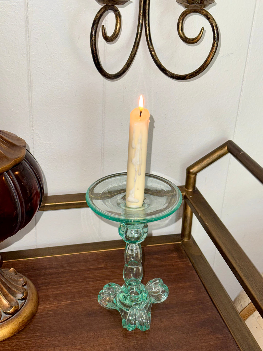 Hand Blown Green Glass Candle Holder by Kalalou