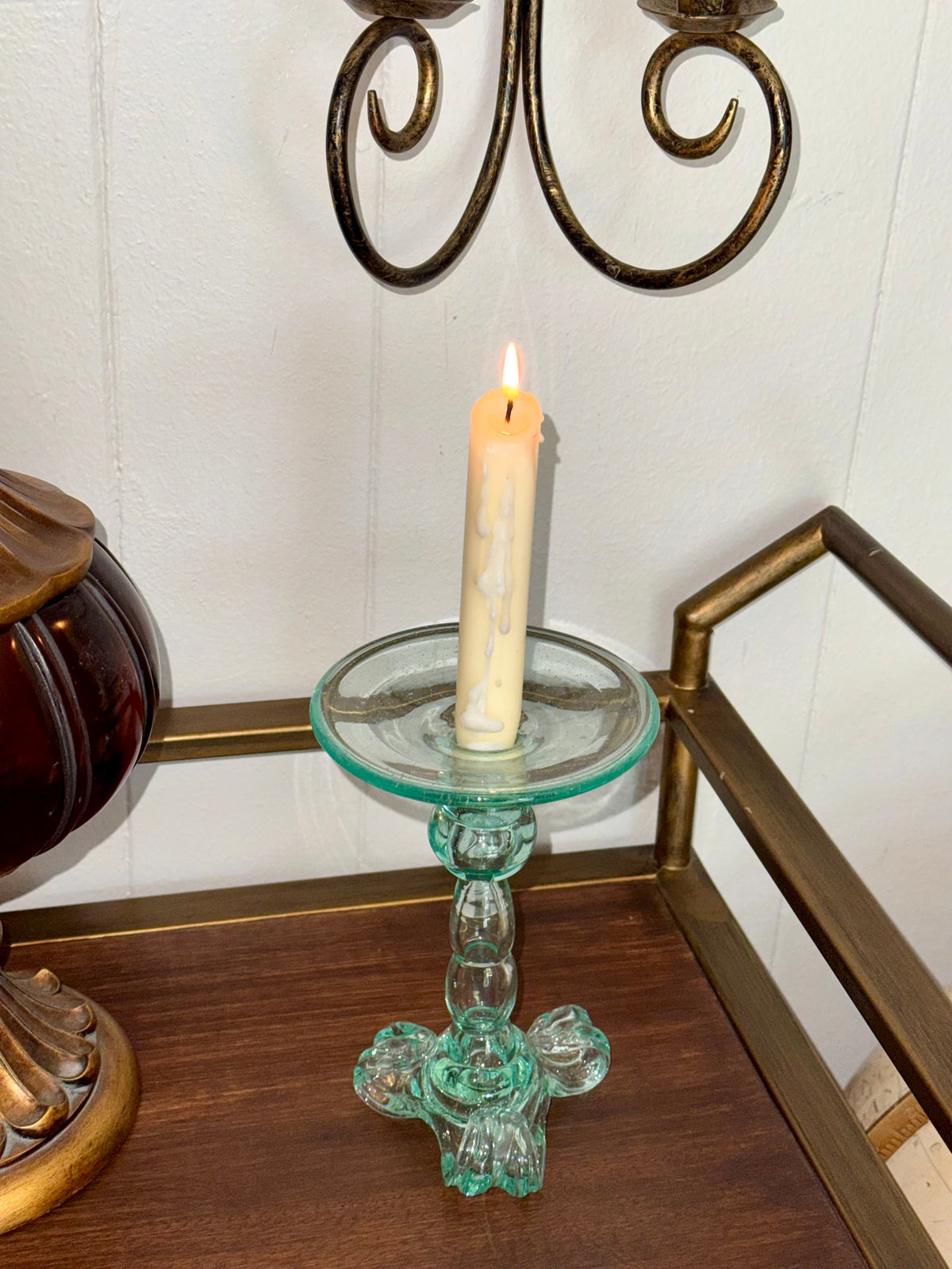 Hand Blown Green Glass Candle Holder by Kalalou