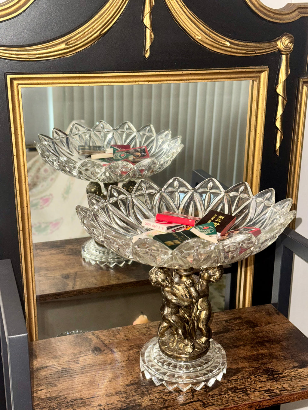 Vintage Federal Glass Petal Pressed Glass Pedestal Compote Dish with Brass Cherubs Hollywood Regency