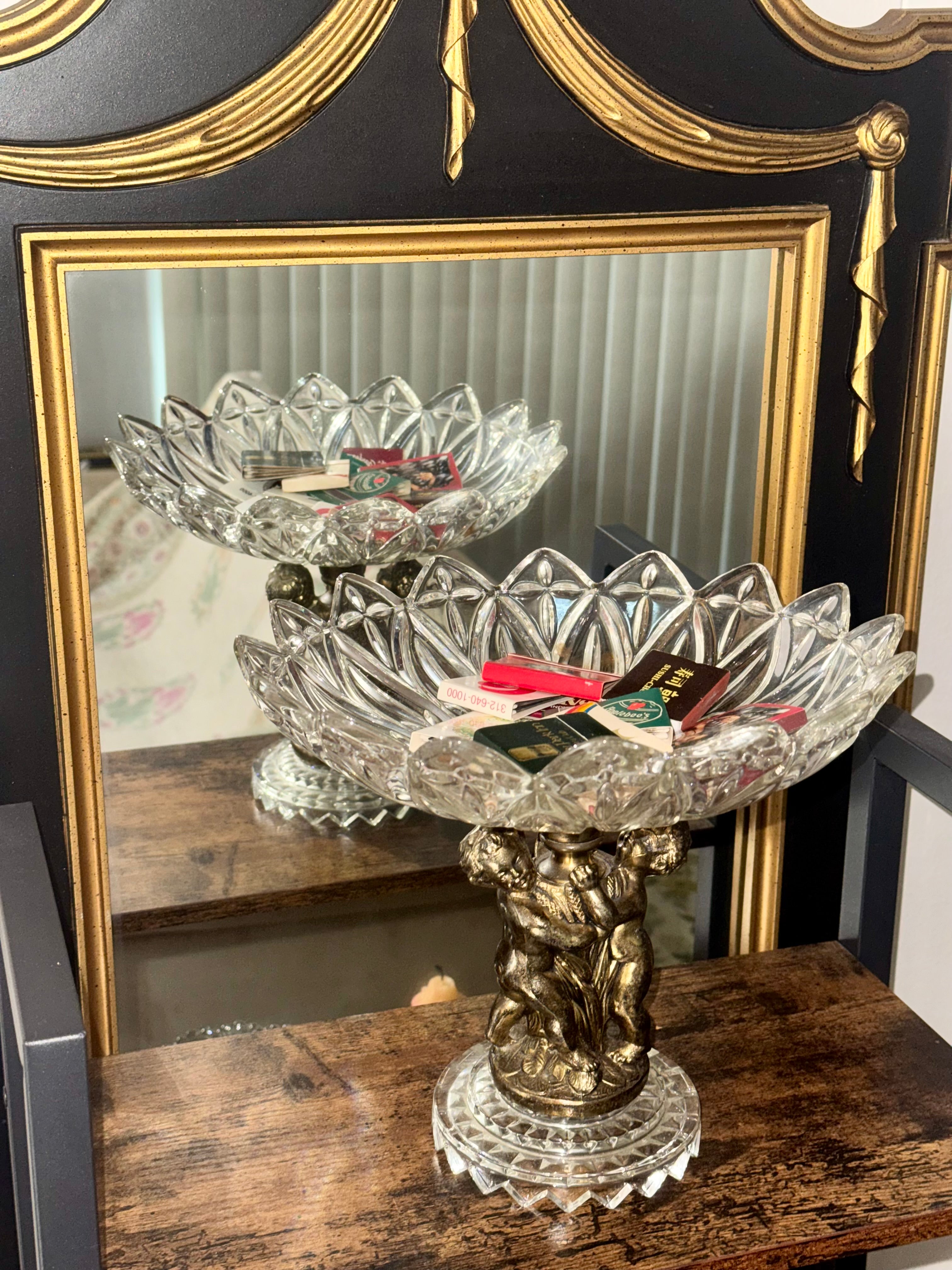 Vintage Federal Glass Petal Pressed Glass Pedestal Compote Dish with Brass Cherubs Hollywood Regency
