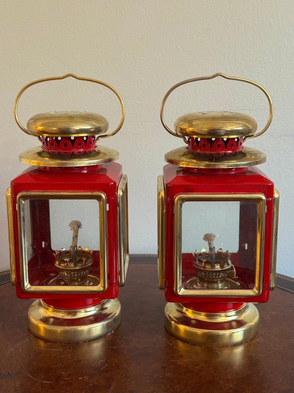 Vintage Red & Brass Lantern Oil Lamps, Set of 2