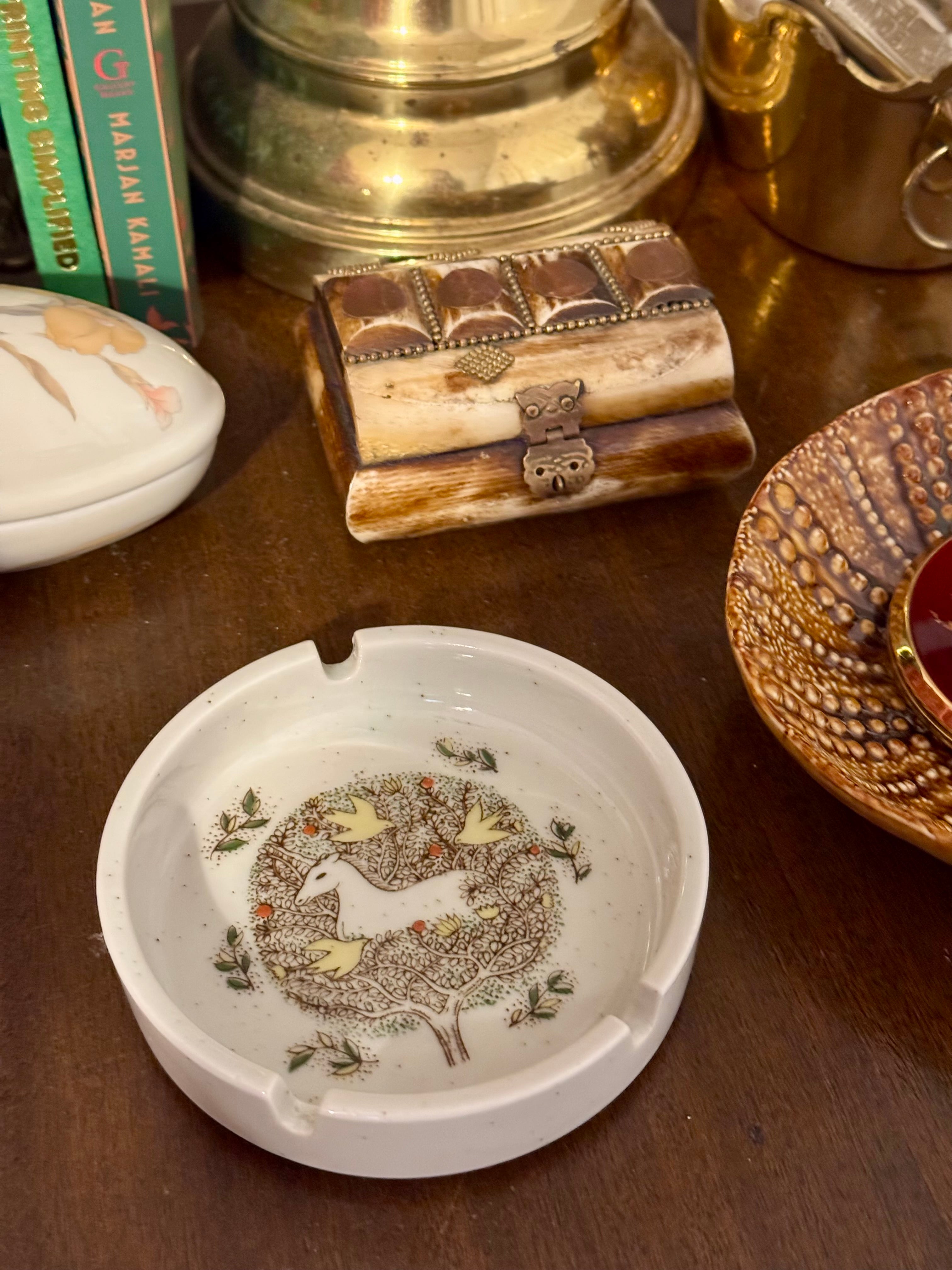 Vintage 1970s Otagiri Ceramic Ashtray / Catchall Unicorn in Meadow Tree of Life RARE
