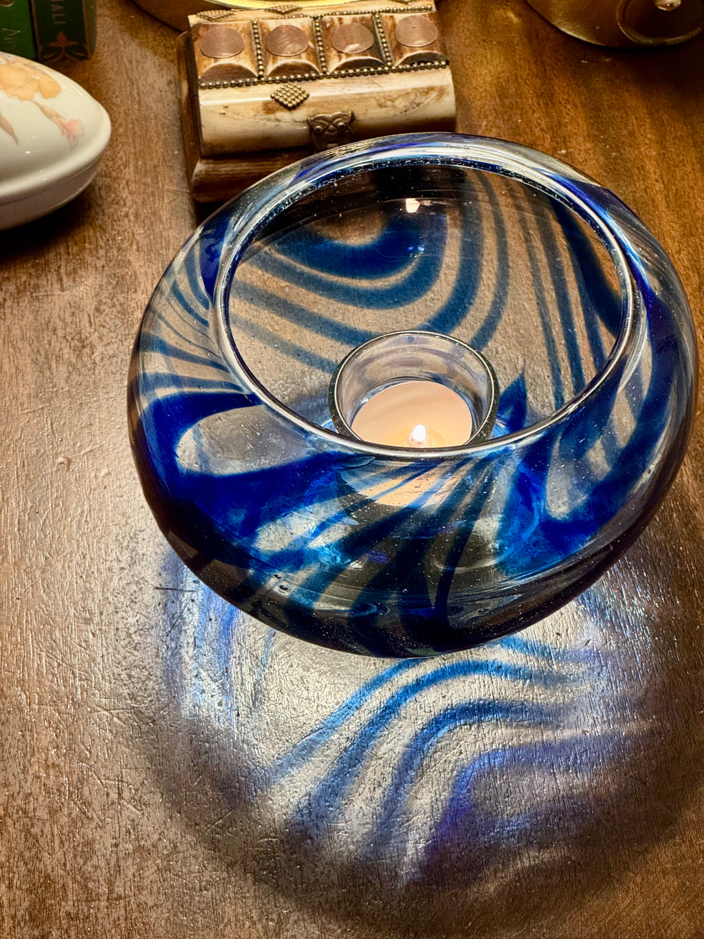 Vintage Hand-Blown Murano-Style Art Glass Tealight Holder, Cobalt Swirl, Pontil Mark