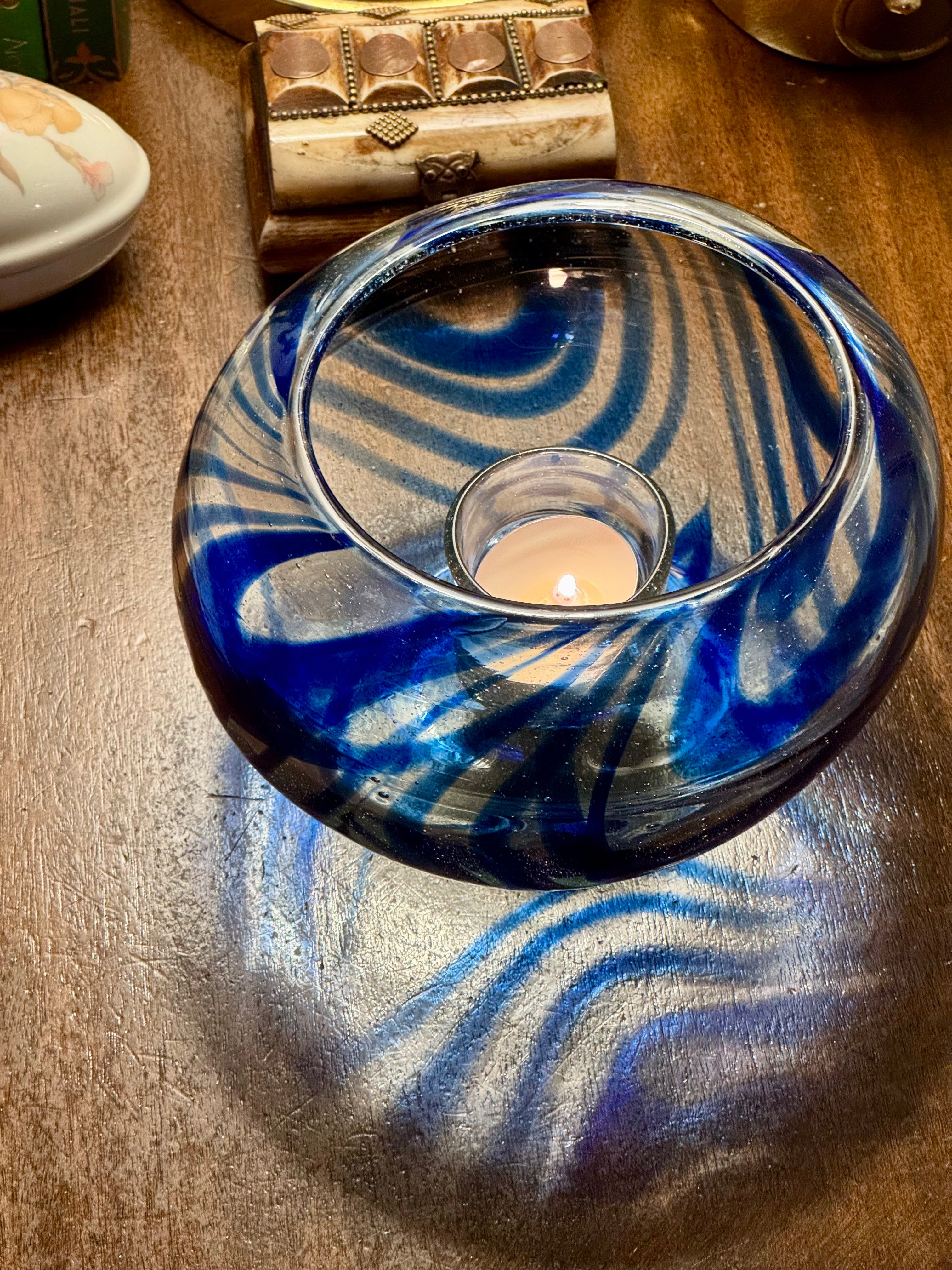 Vintage Hand-Blown Murano-Style Art Glass Tealight Holder, Cobalt Swirl, Pontil Mark