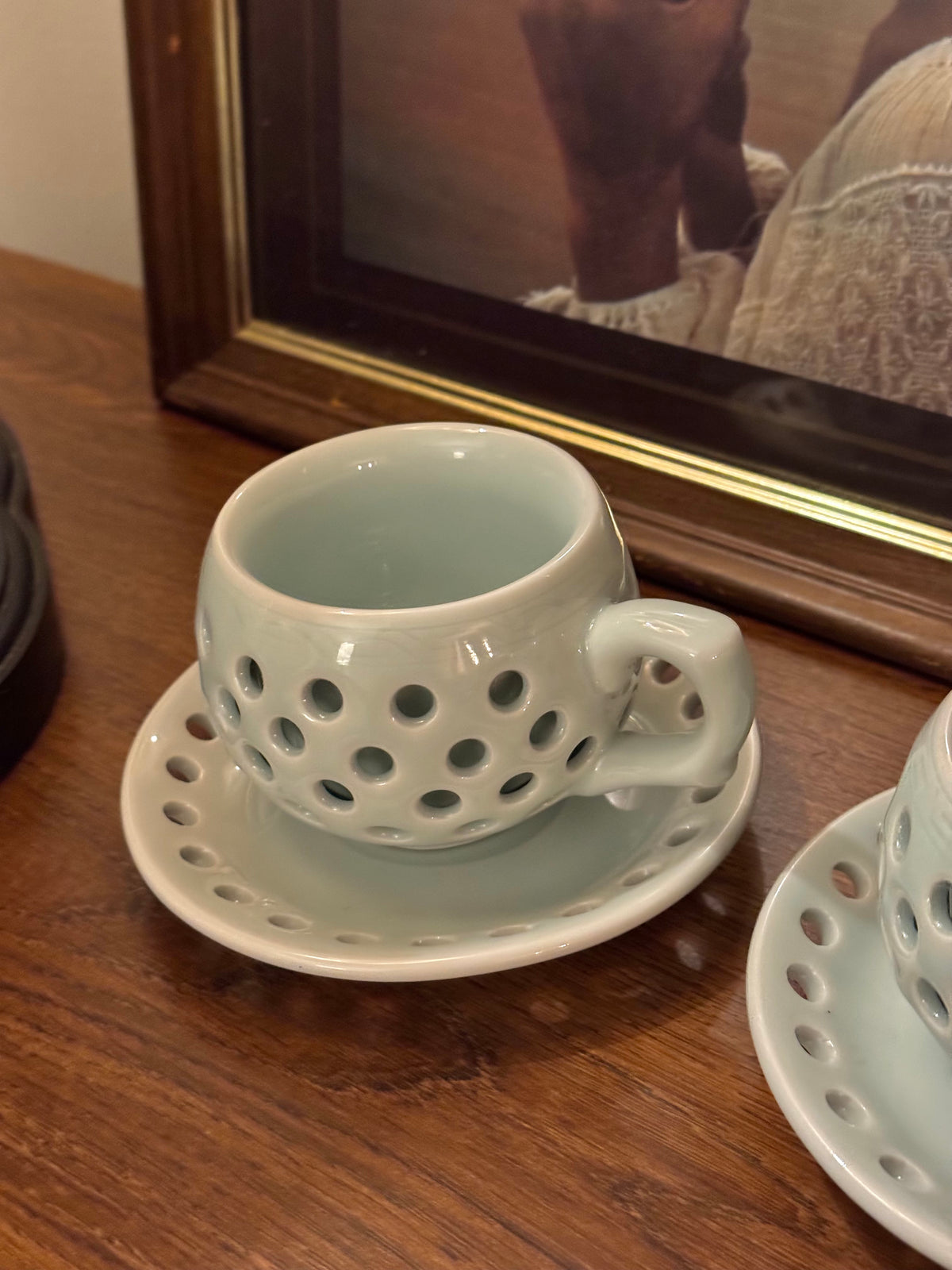 Vintage Made in Korea Celadon Pierced Double Walled Tea Cup and Saucer Set of 2