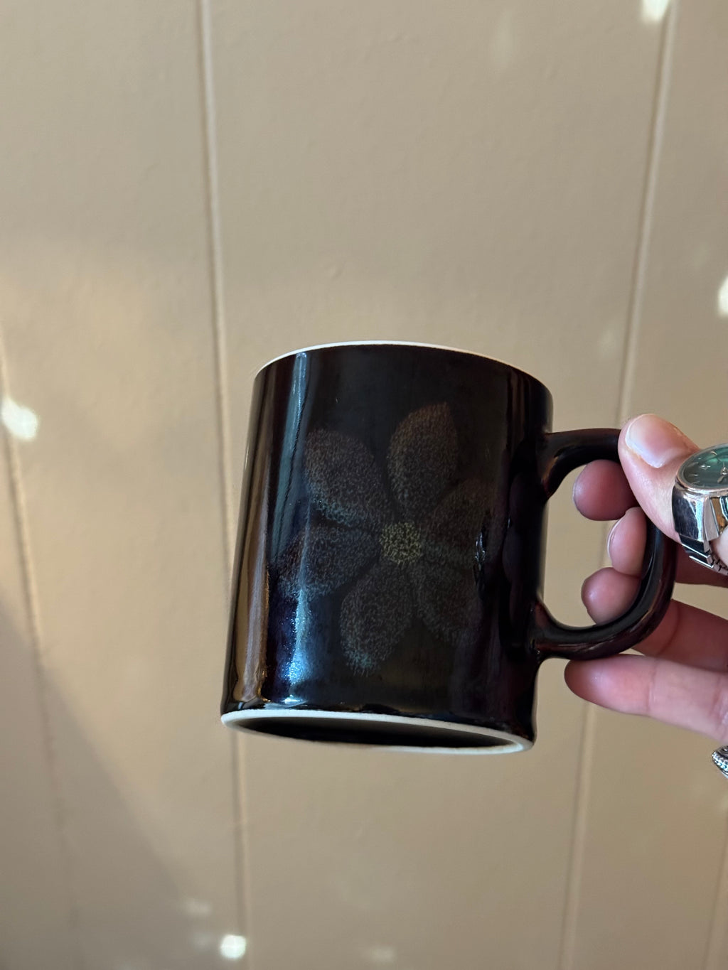 Vintage Brown Floral Ceramic Mugs, Set of 4