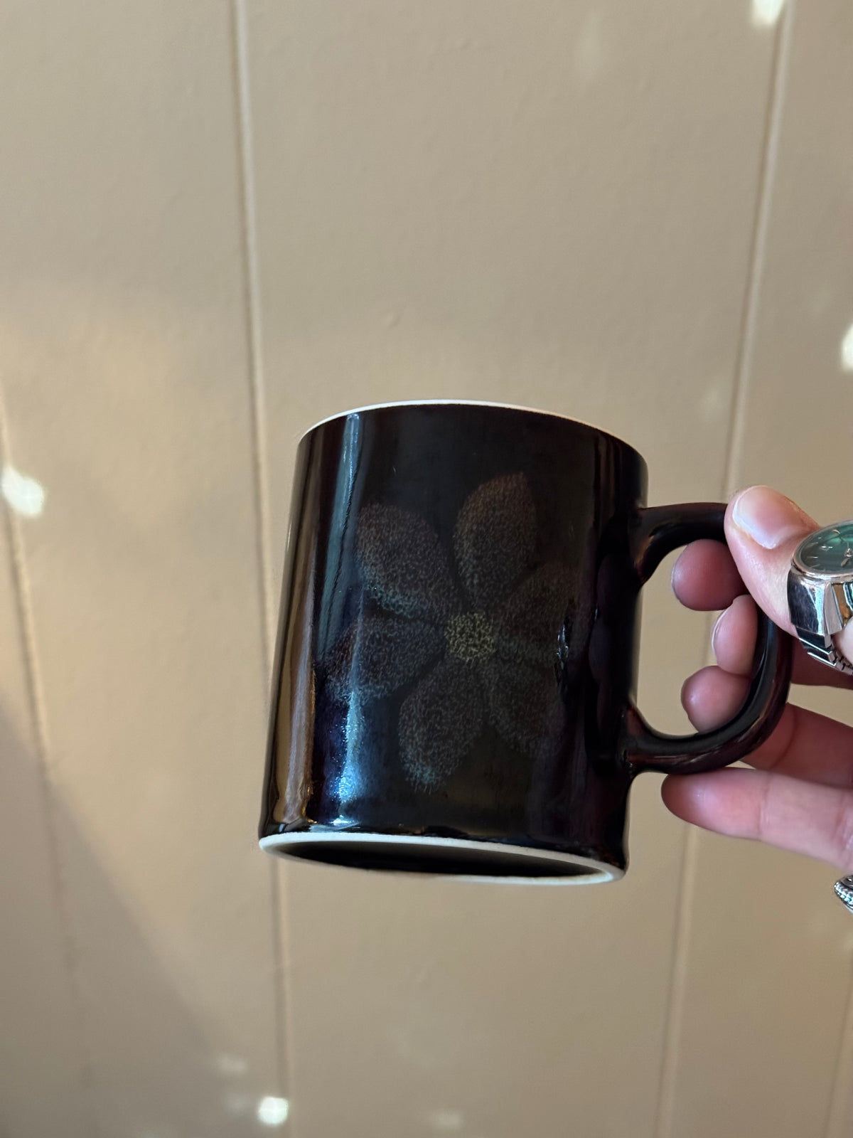 Vintage Brown Floral Ceramic Mugs, Set of 4