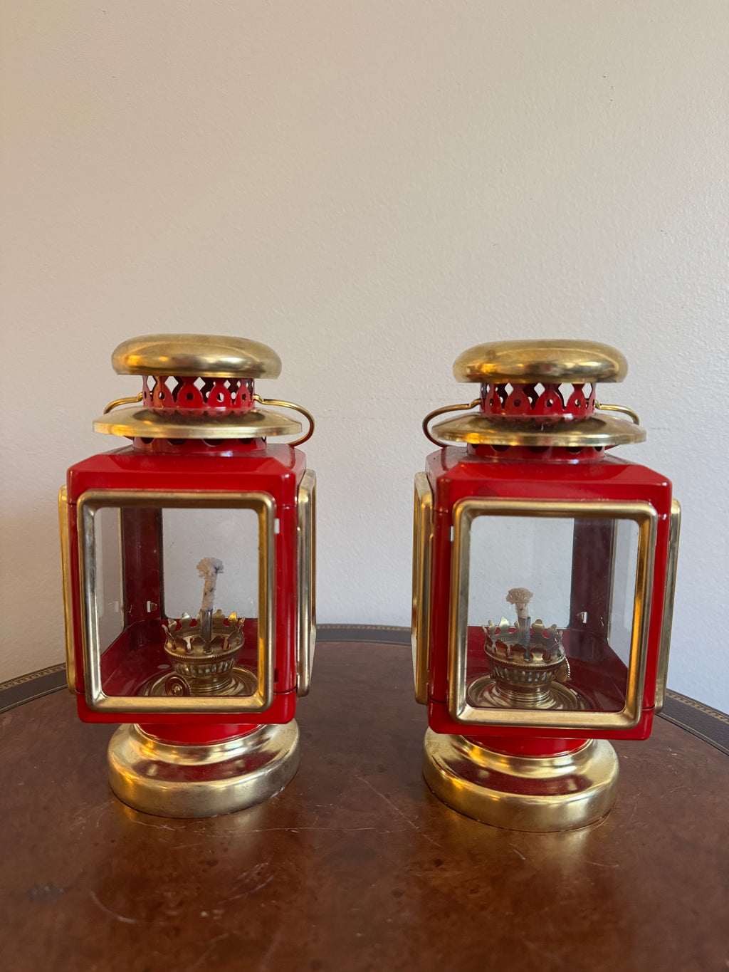 Vintage Red & Brass Lantern Oil Lamps, Set of 2