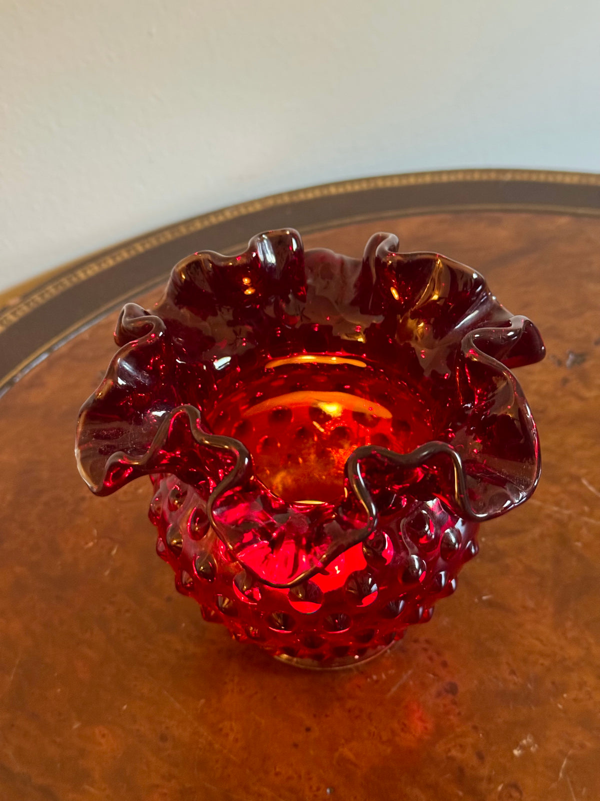 Fenton Hobnail Ruby Red Crimped Ruffled Rim Mini Vase / Amberina Glass