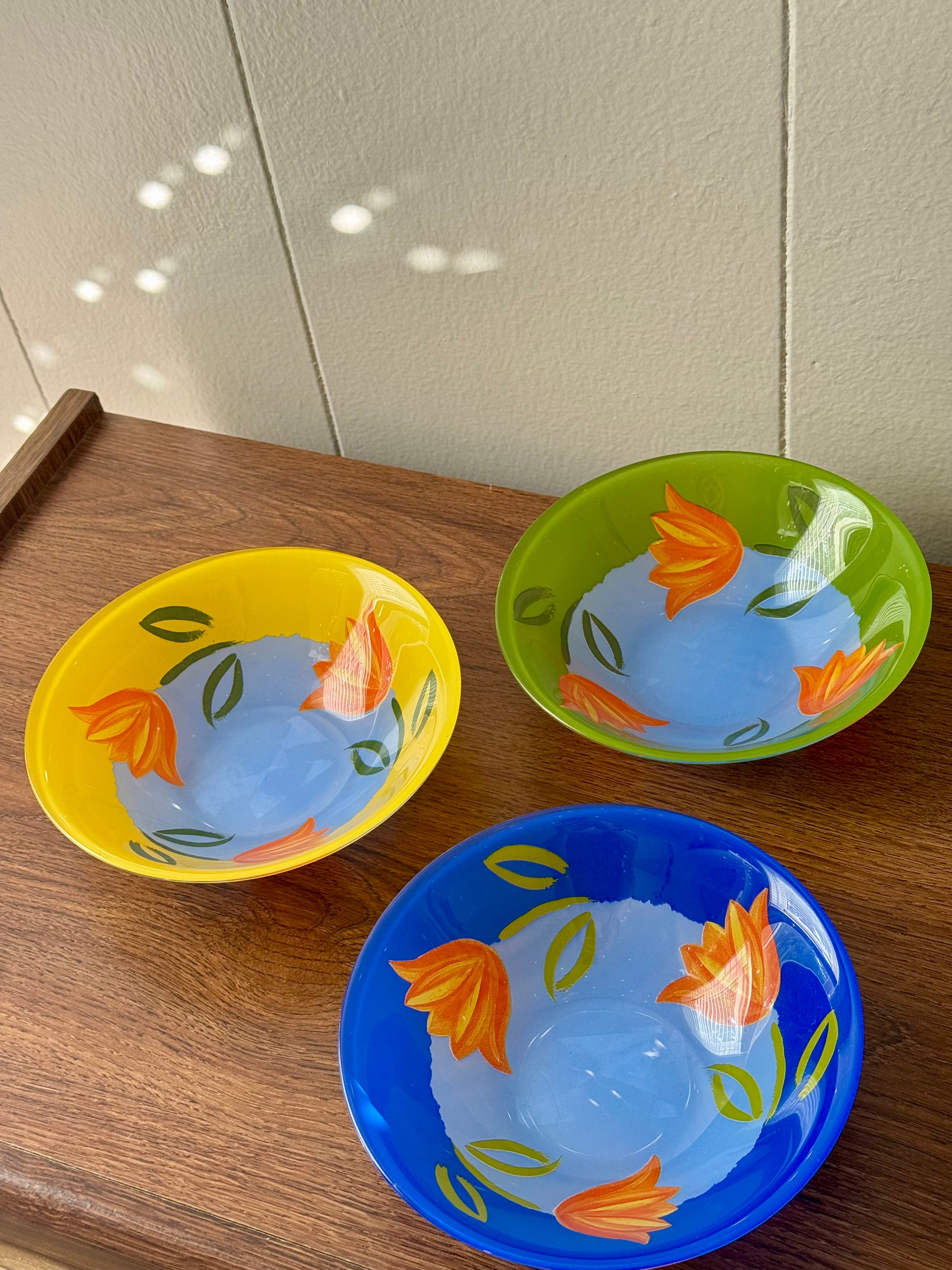 Vintage Set of 3 Arcoroc France "Matys" Tulip Floral Glass Cereal Bowls 🌷 90s Colorful Kitchen