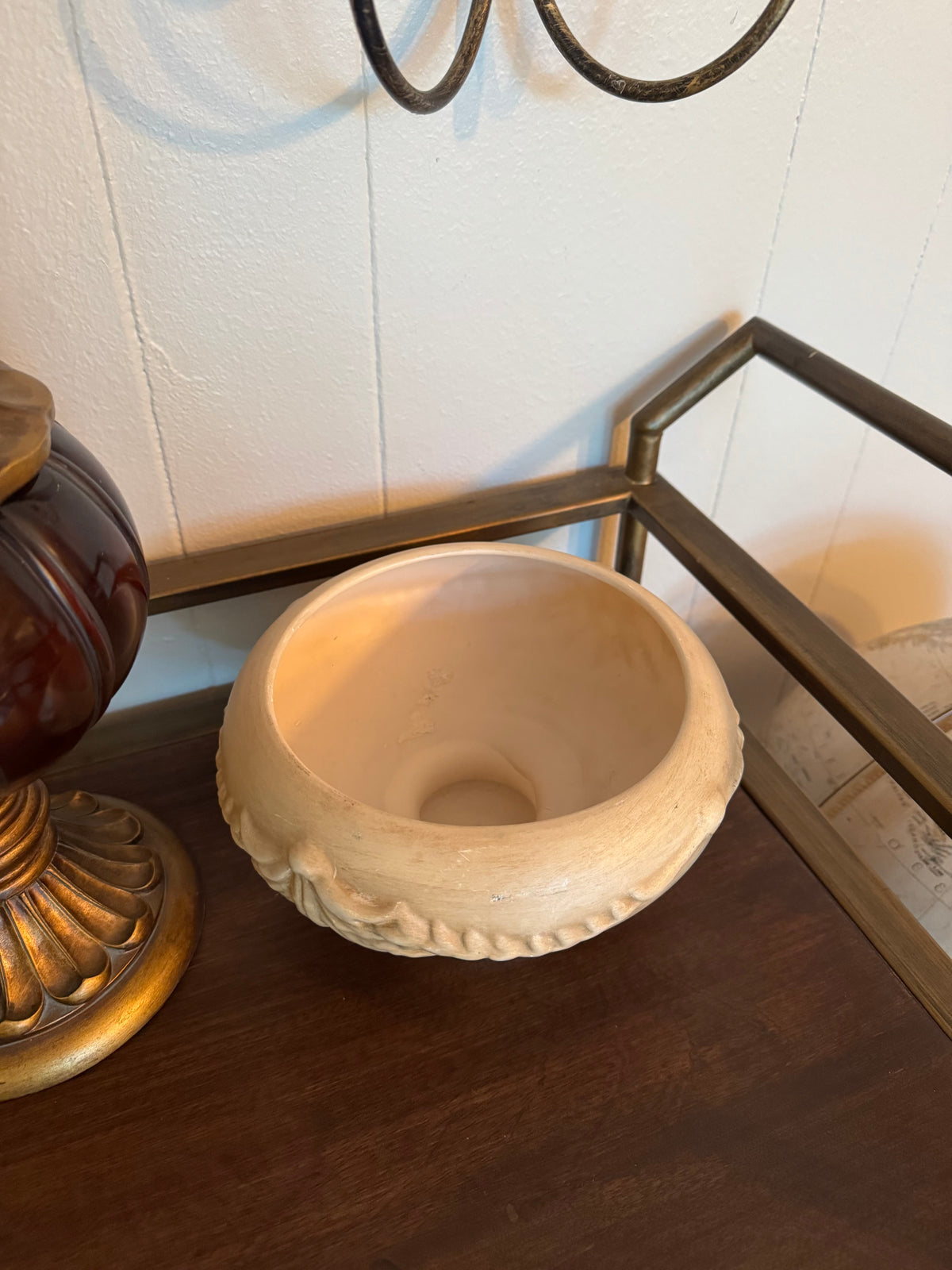 Footed Pedestal Planter / Console Bowl with Raised Scroll Pattern
