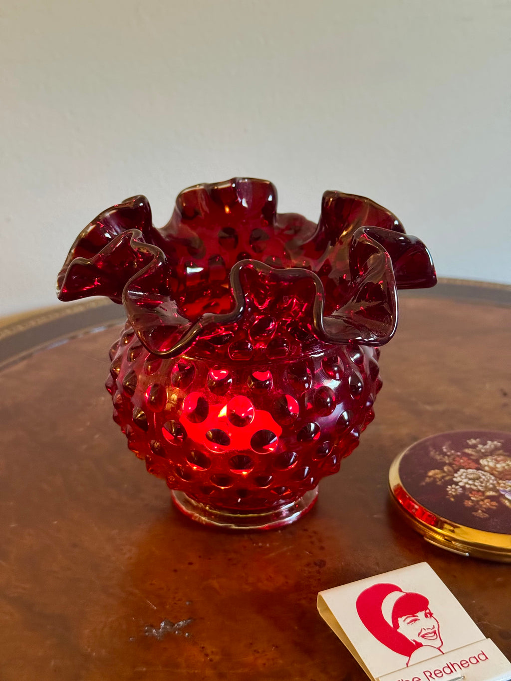 Fenton Hobnail Ruby Red Crimped Ruffled Rim Mini Vase / Amberina Glass