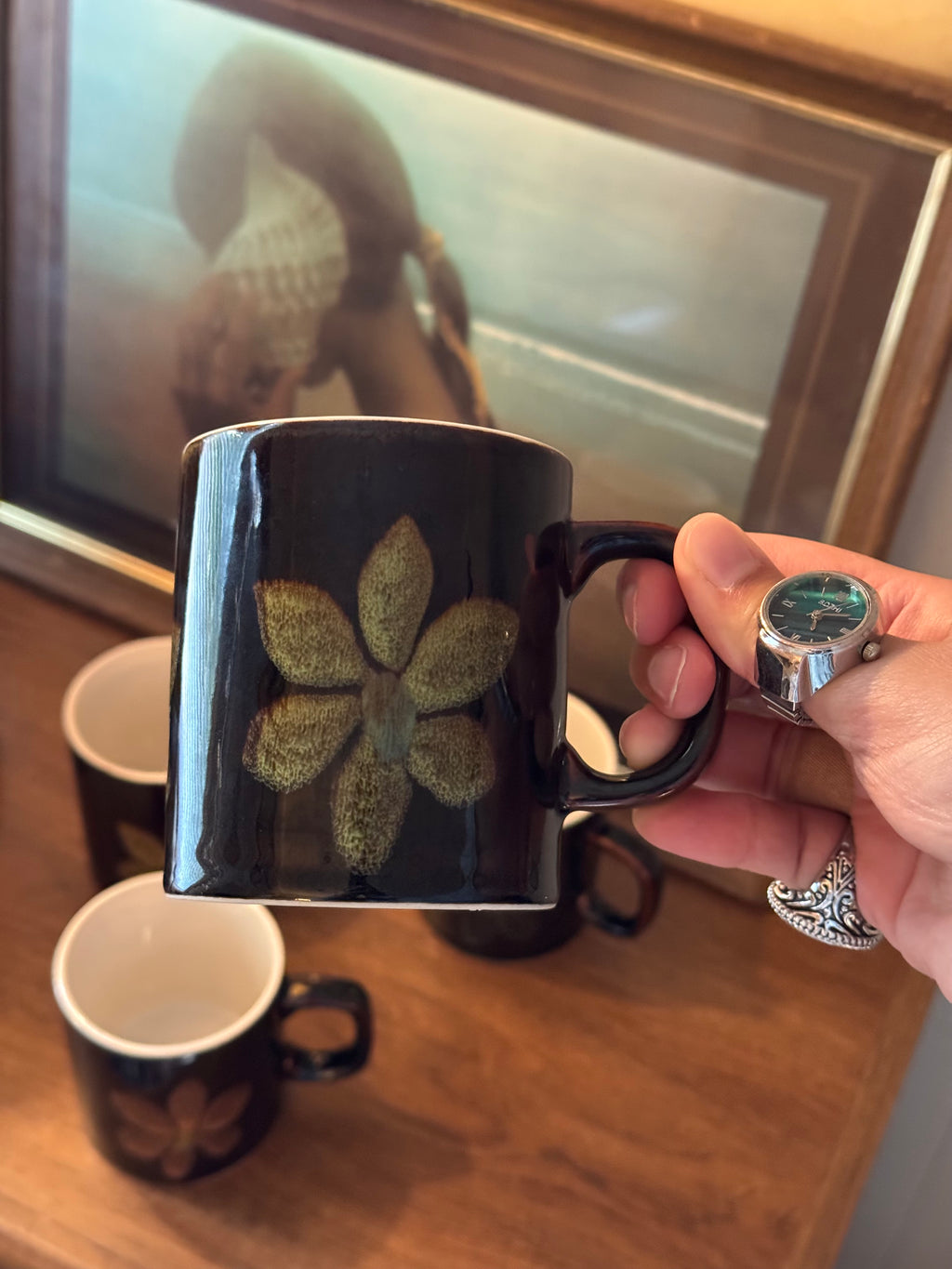Vintage Brown Floral Ceramic Mugs, Set of 4