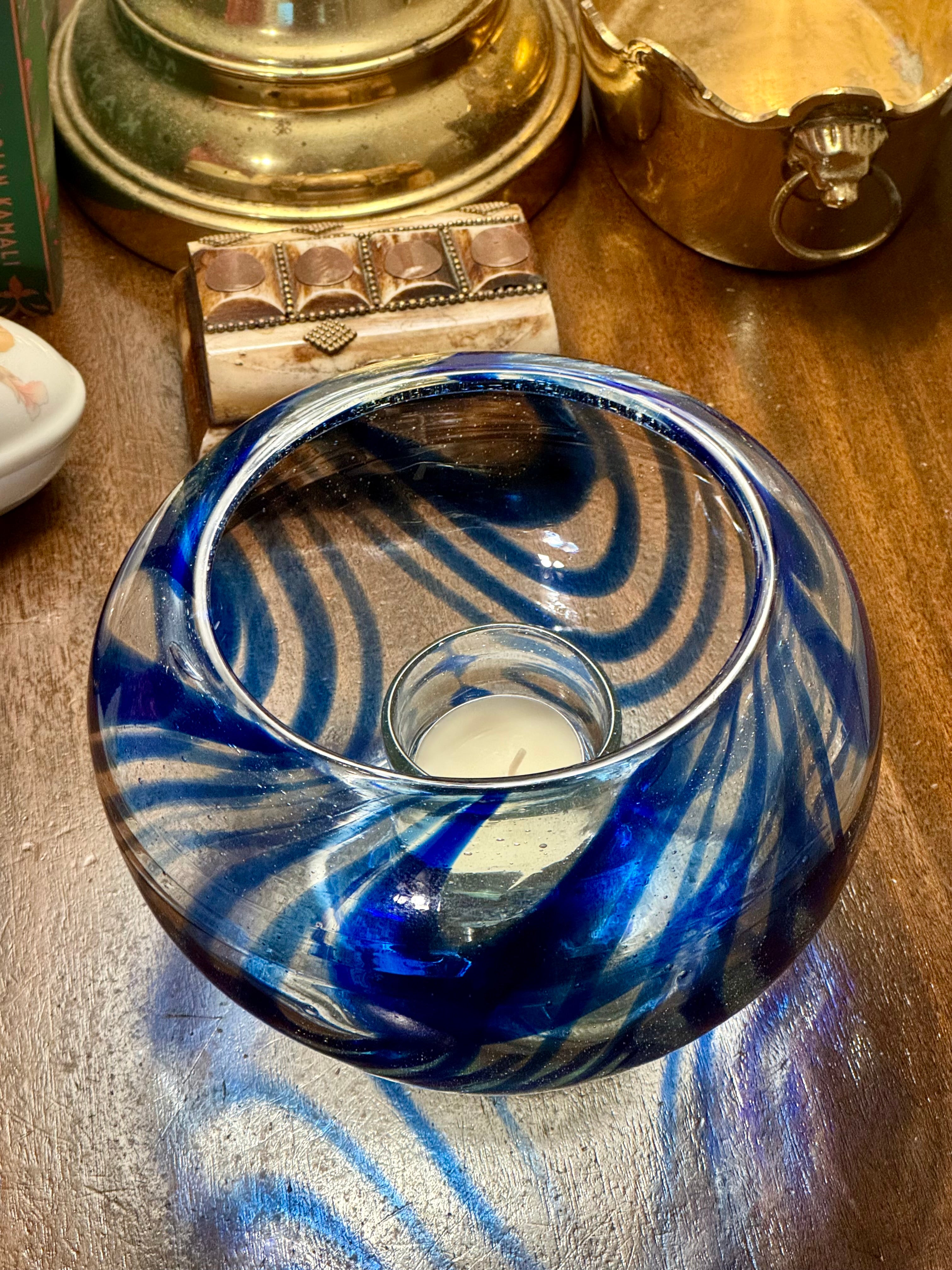 Vintage Hand-Blown Murano-Style Art Glass Tealight Holder, Cobalt Swirl, Pontil Mark