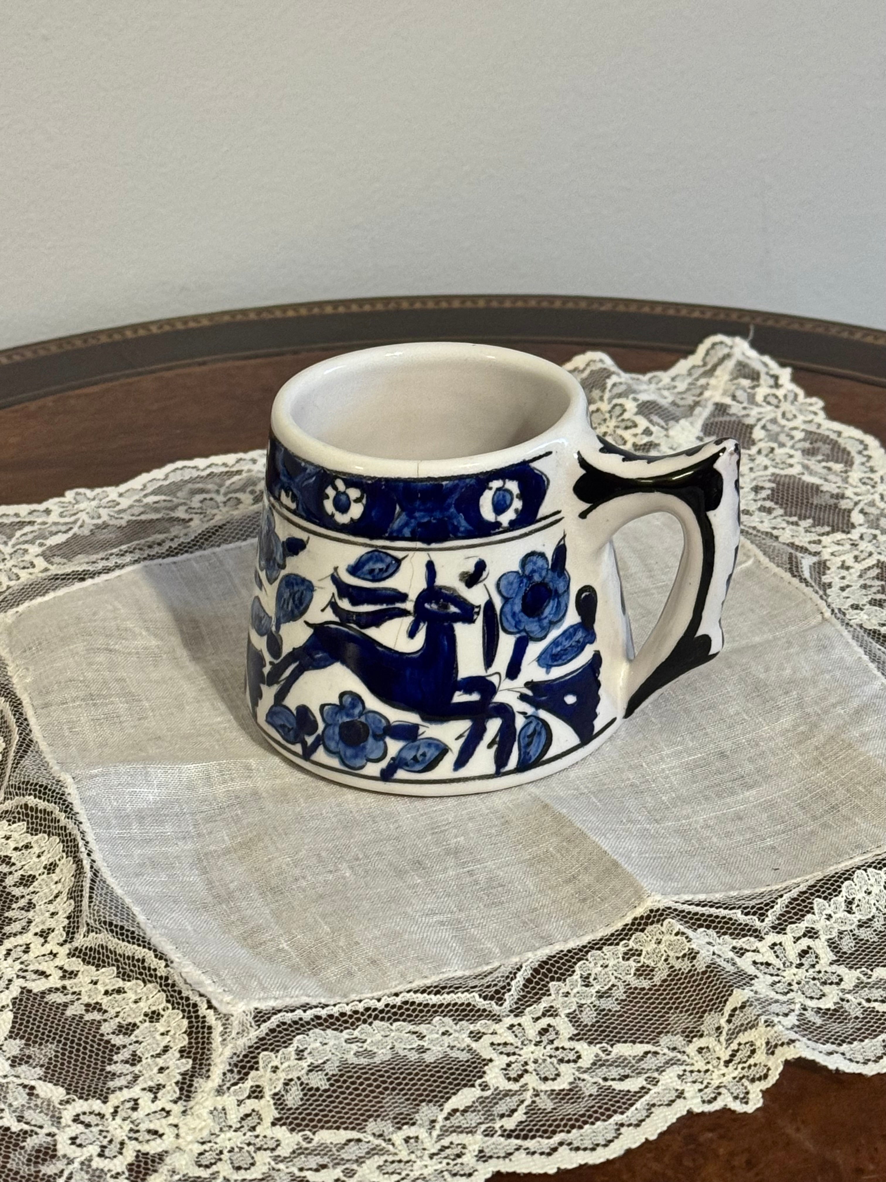 Vintage Handmade Greek Folk Pottery Mug, Cobalt Blue Leaping Deer & Floral Design—AS IS
