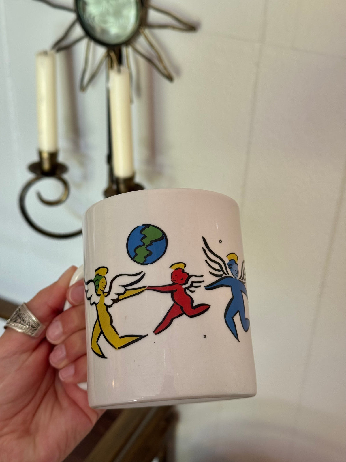 Dancing Angels Around the World Coffee Mug, Colorful Folk Art Angels Holding Hands