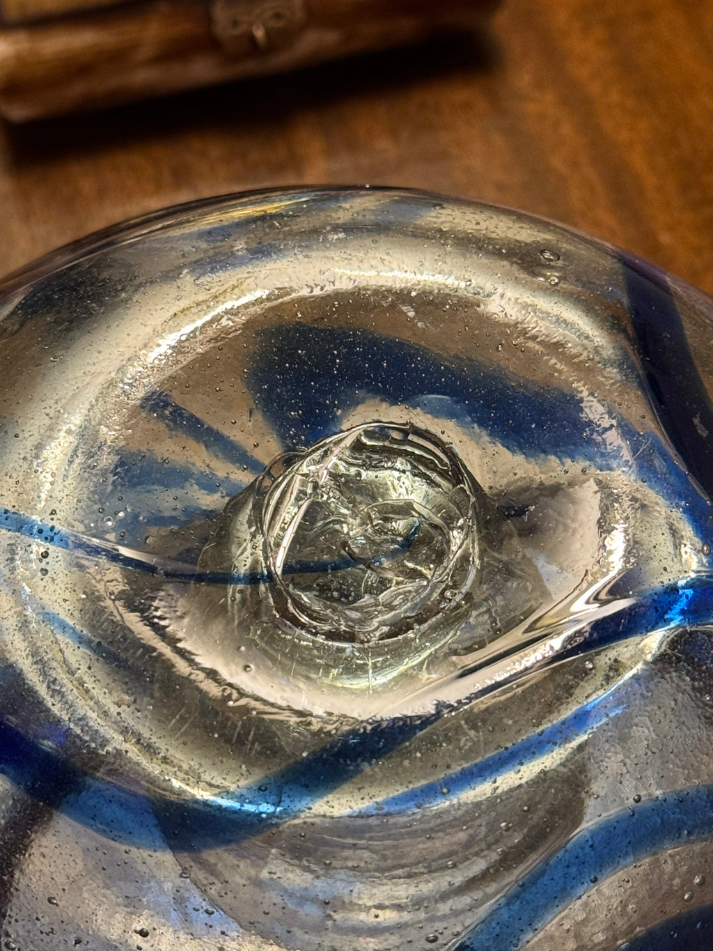 Vintage Hand-Blown Murano-Style Art Glass Tealight Holder, Cobalt Swirl, Pontil Mark