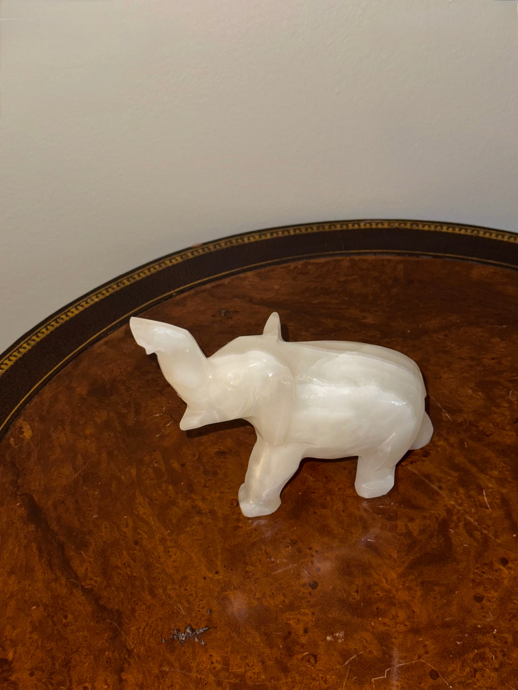 Carved White Onyx Elephant Figurine Trunk Up