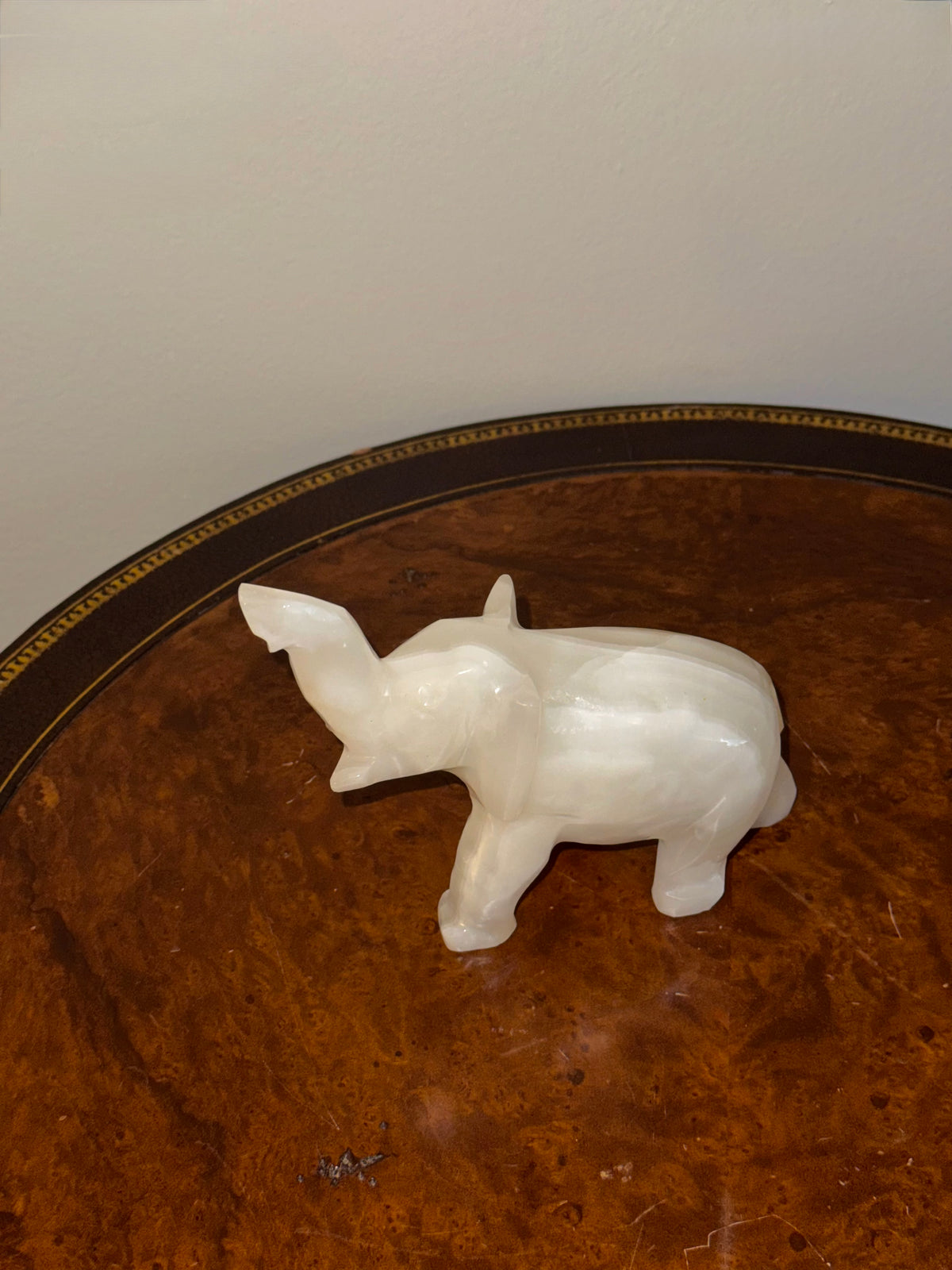 Carved White Onyx Elephant Figurine Trunk Up