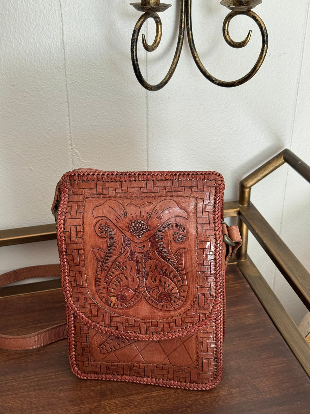 Leather Floral Carved Bag, Made in India