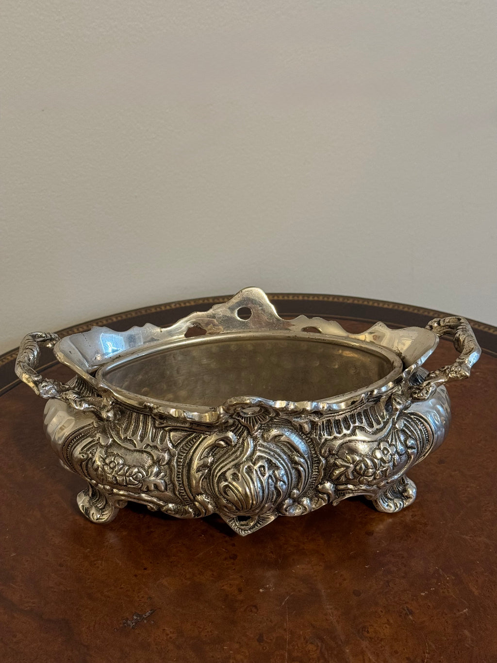 Vintage Ornate Rococo Silver-Toned Footed Planter