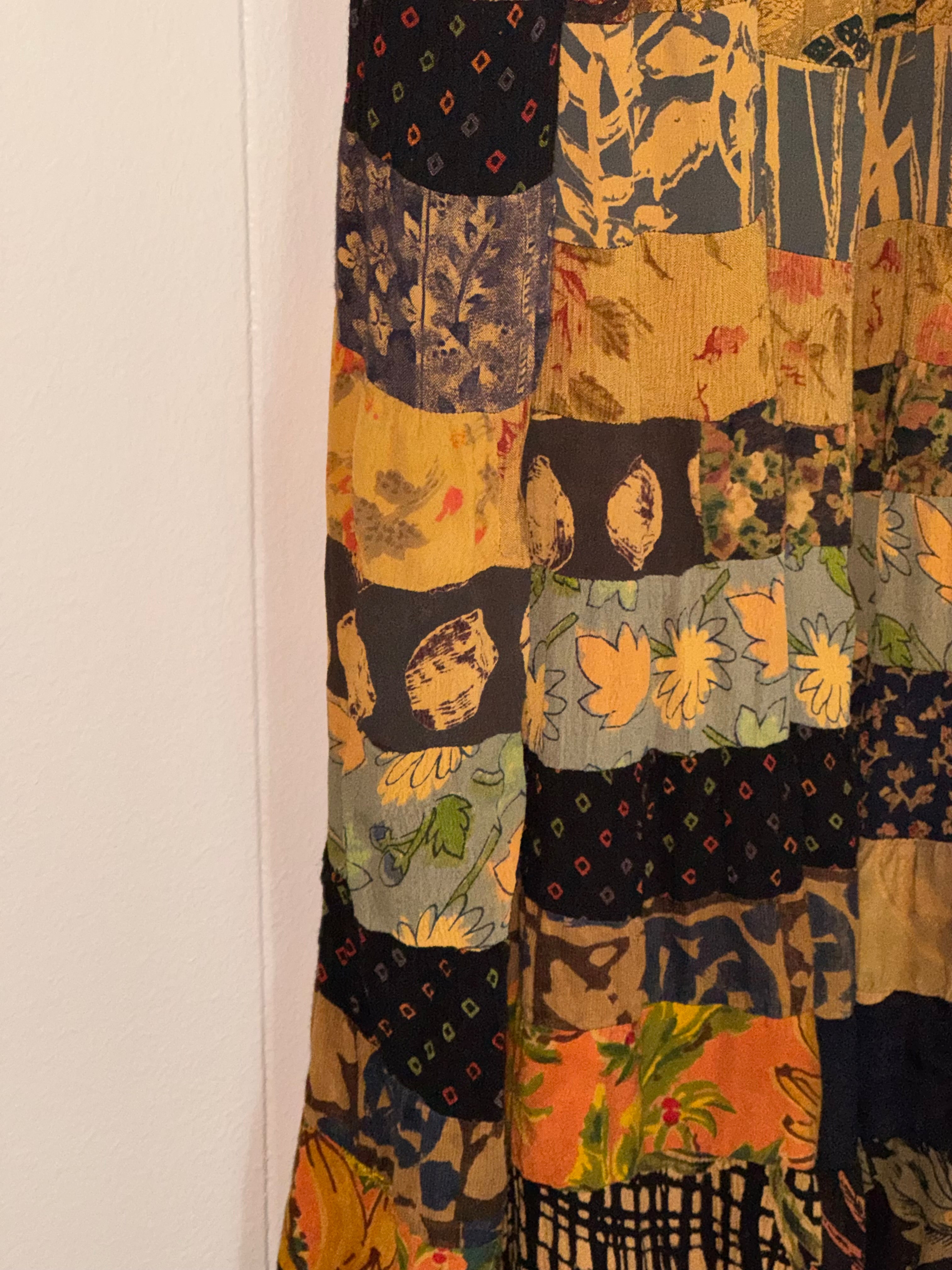 Mixed Print Patchwork Maxi Skirt Fall Leaves Pattern / Made in India / ONE SIZE