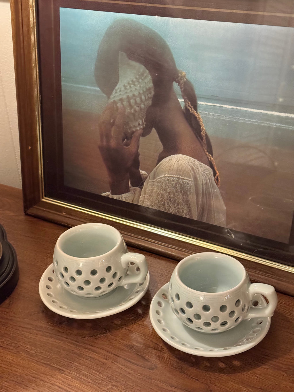 Vintage Made in Korea Celadon Pierced Double Walled Tea Cup and Saucer Set of 2