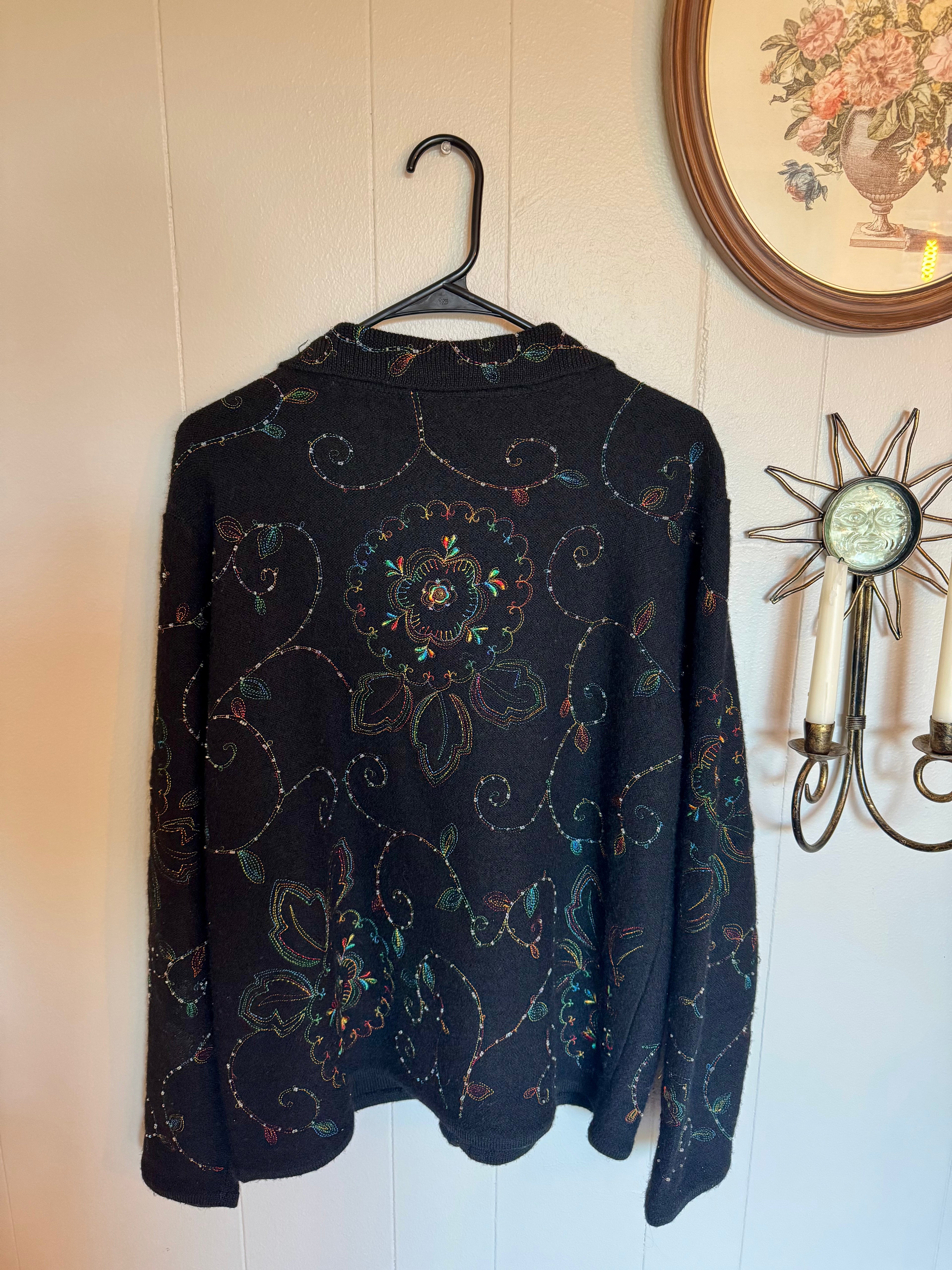 Vintage Bechamel Wool Cardigan Sweater Size L Zip Floral Embroidered Beads Multicolor