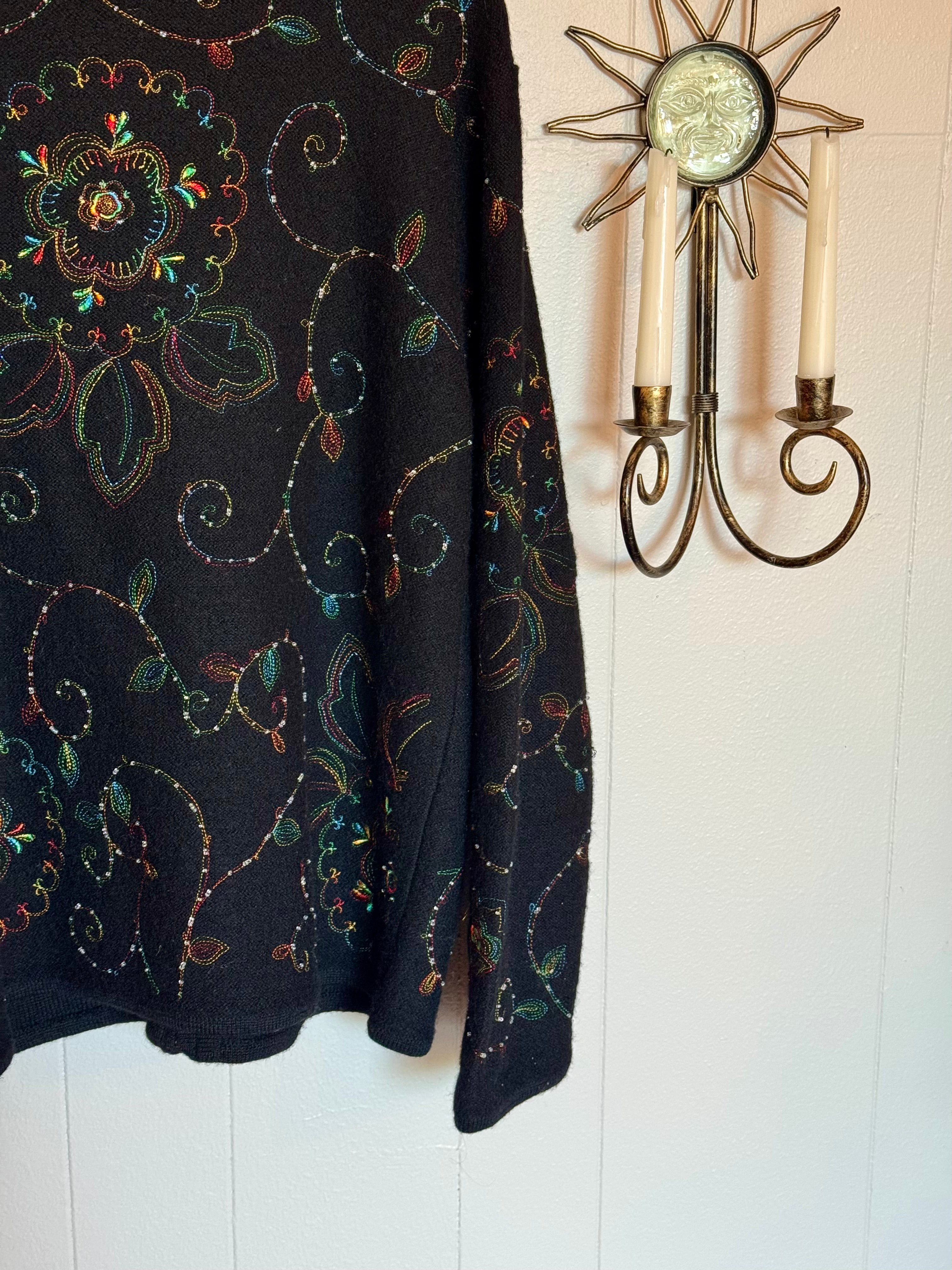 Vintage Bechamel Wool Cardigan Sweater Size L Zip Floral Embroidered Beads Multicolor