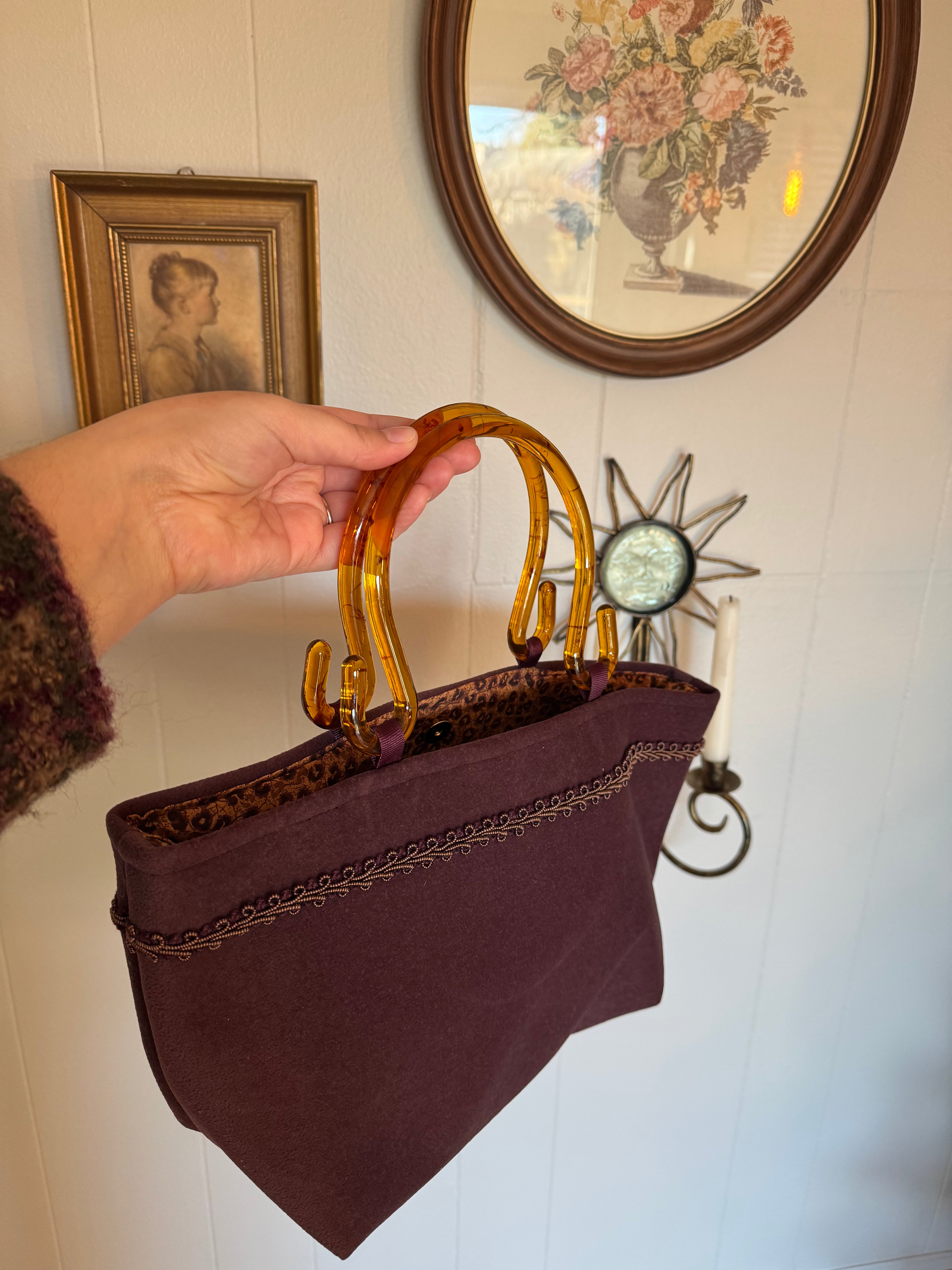 Vintage Purple Tote Bag with Amber Colored Acrylic Handles