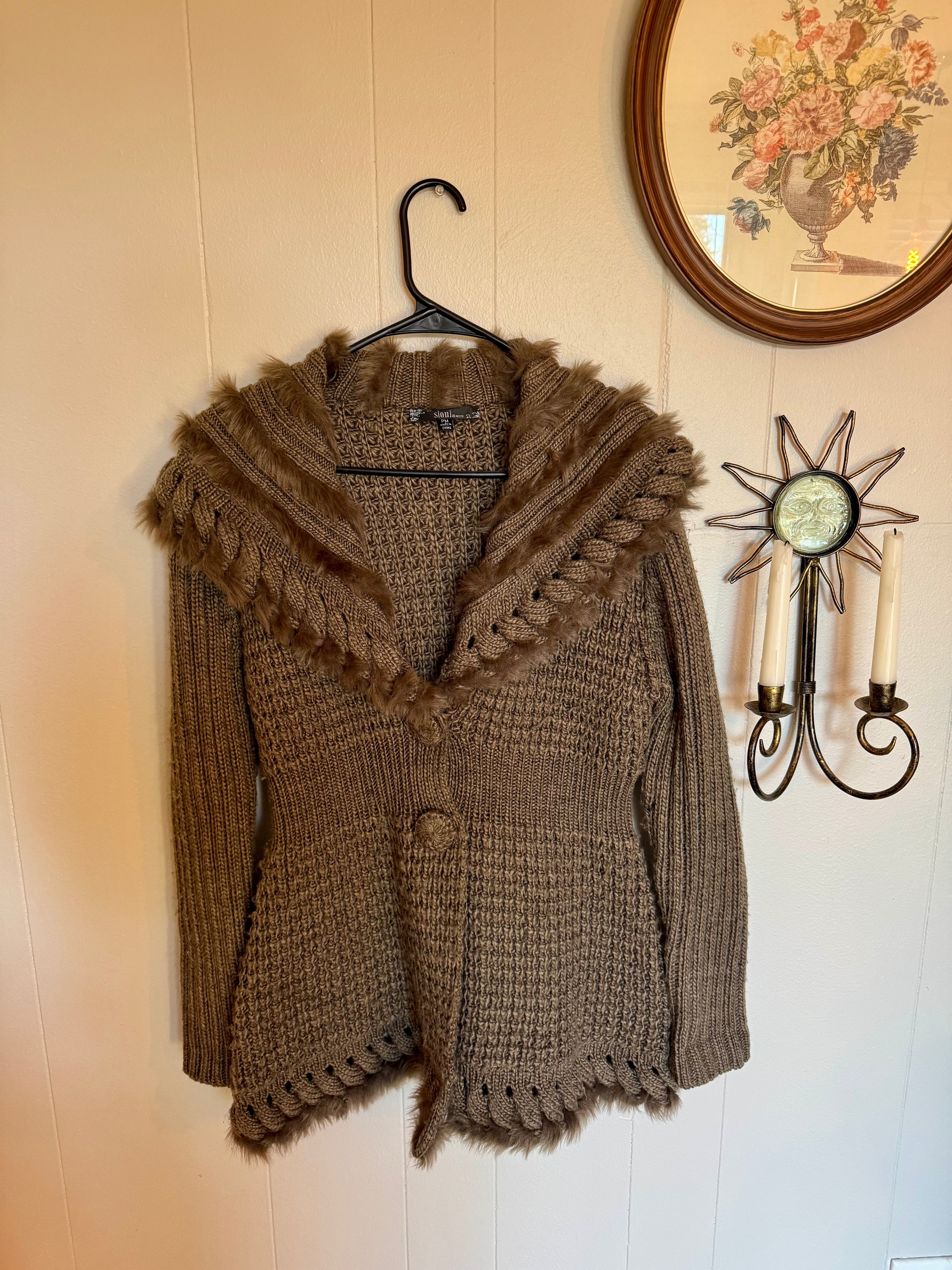 Vintage Y2K Slonl Brown Fitted Knit Cardigan Flare Waist Ruffled Faux Fur Trim Size M