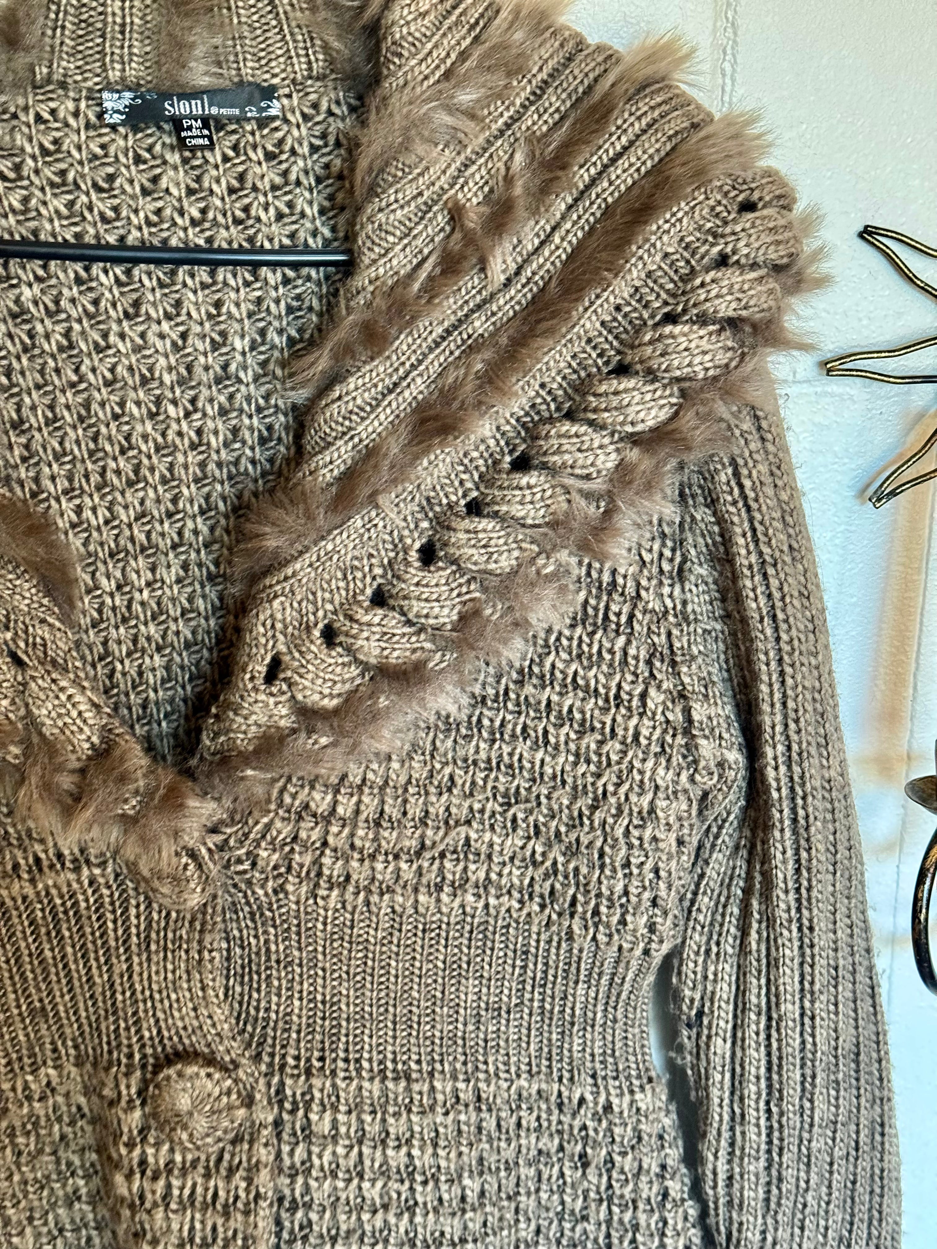 Vintage Y2K Slonl Brown Fitted Knit Cardigan Flare Waist Ruffled Faux Fur Trim Size M