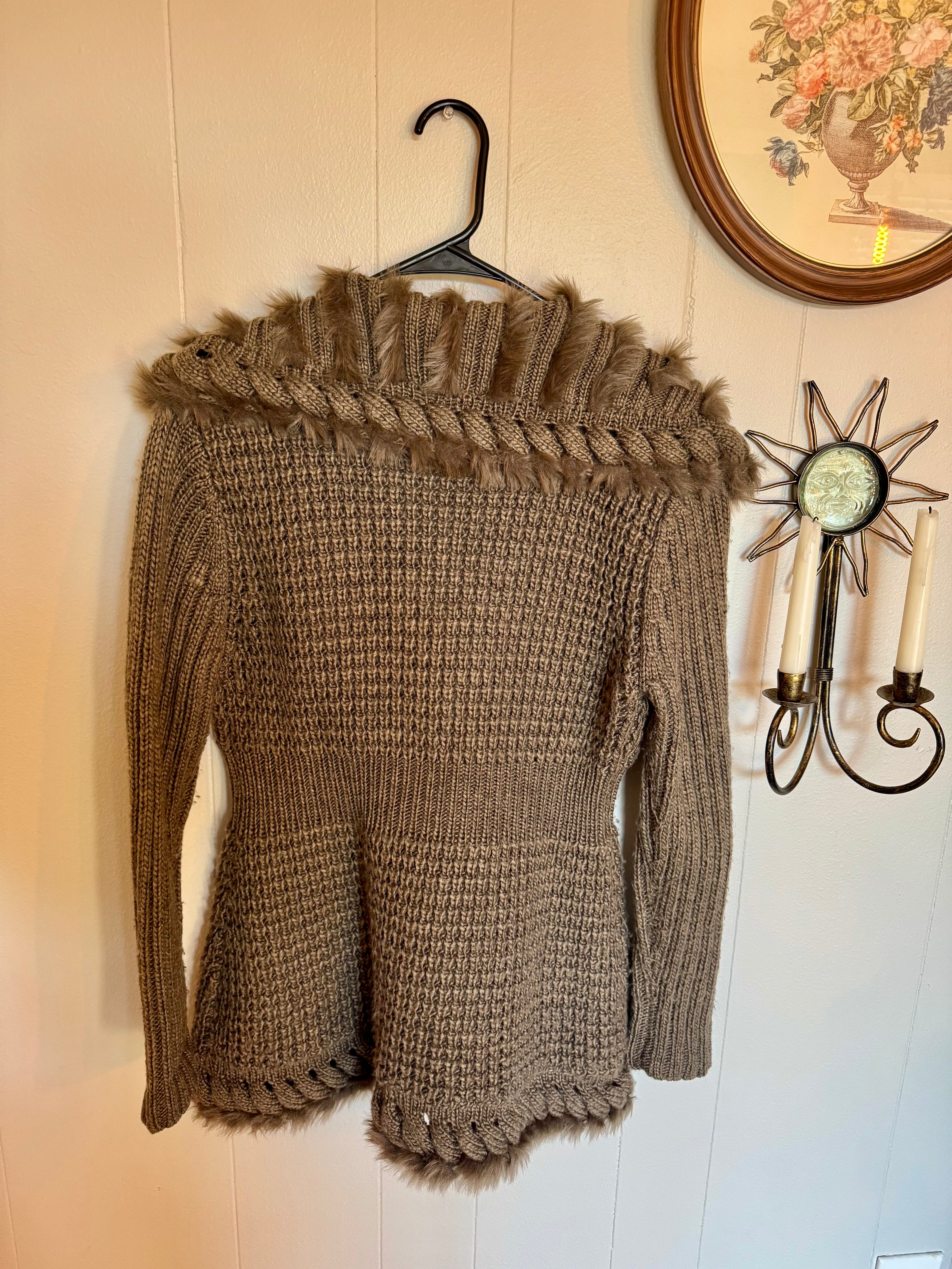 Vintage Y2K Slonl Brown Fitted Knit Cardigan Flare Waist Ruffled Faux Fur Trim Size M