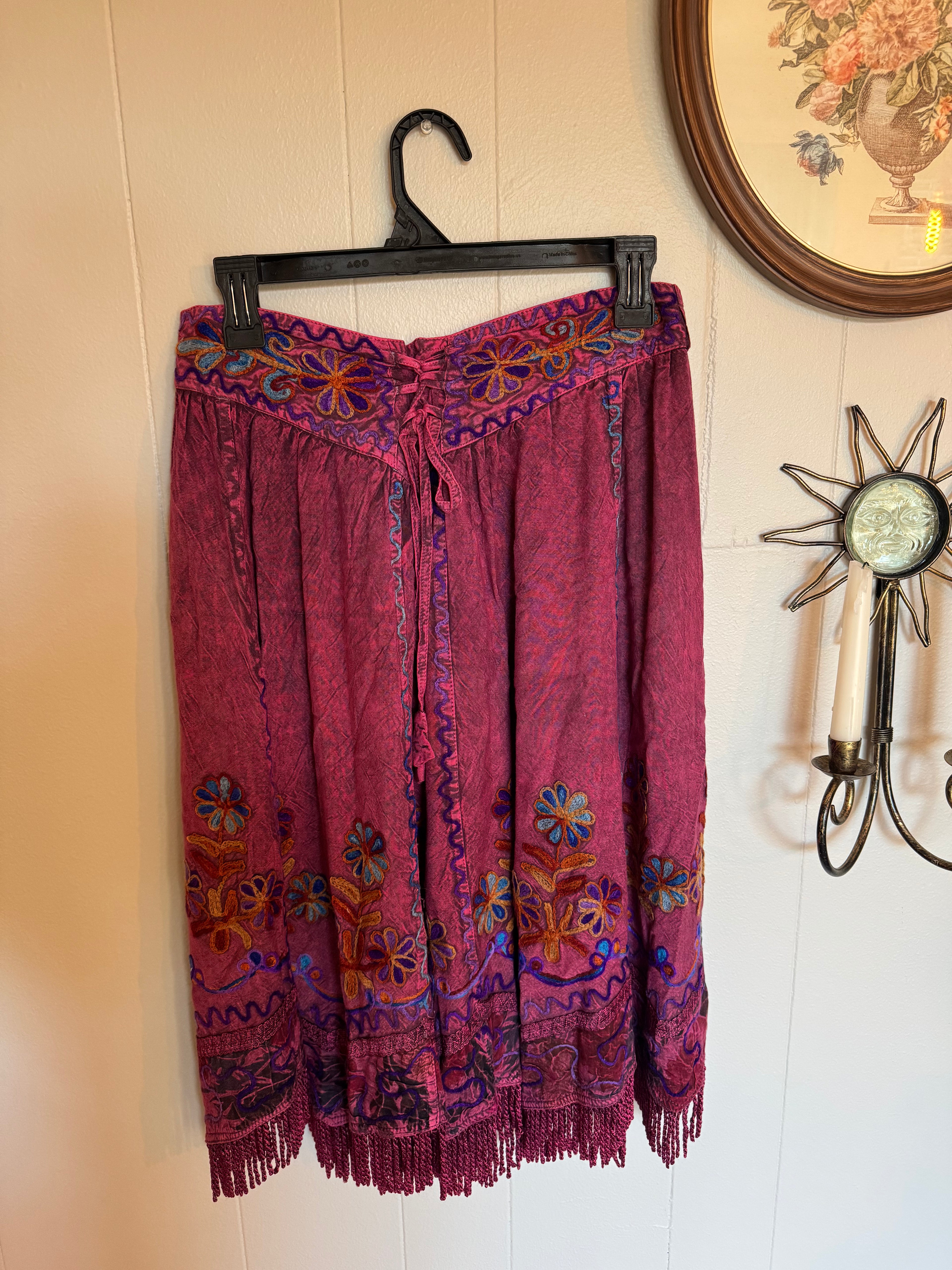 Embroidered Skirt with Fringe Hem and Floral Embroidery Made in India One Size