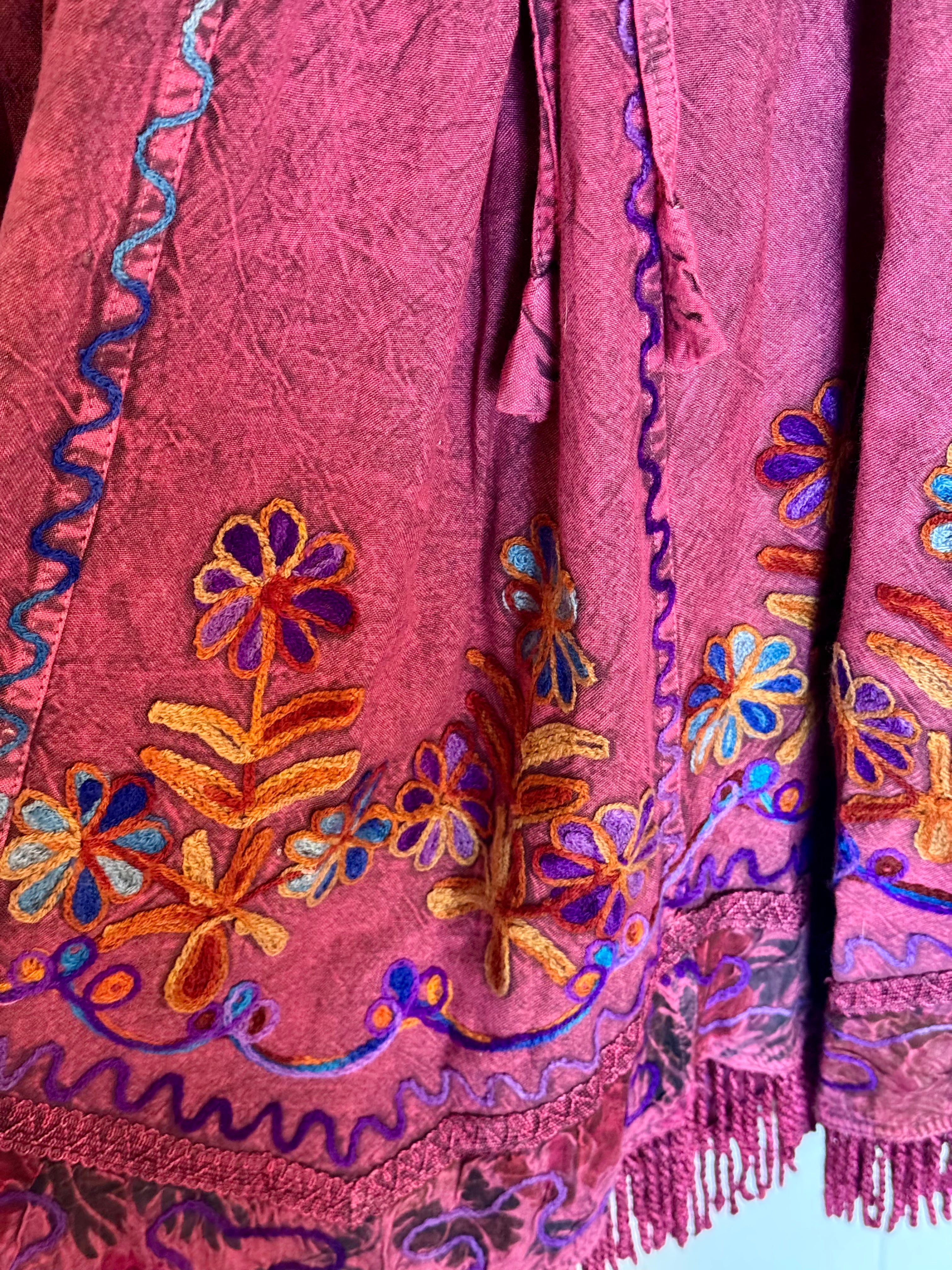 Embroidered Skirt with Fringe Hem and Floral Embroidery Made in India One Size