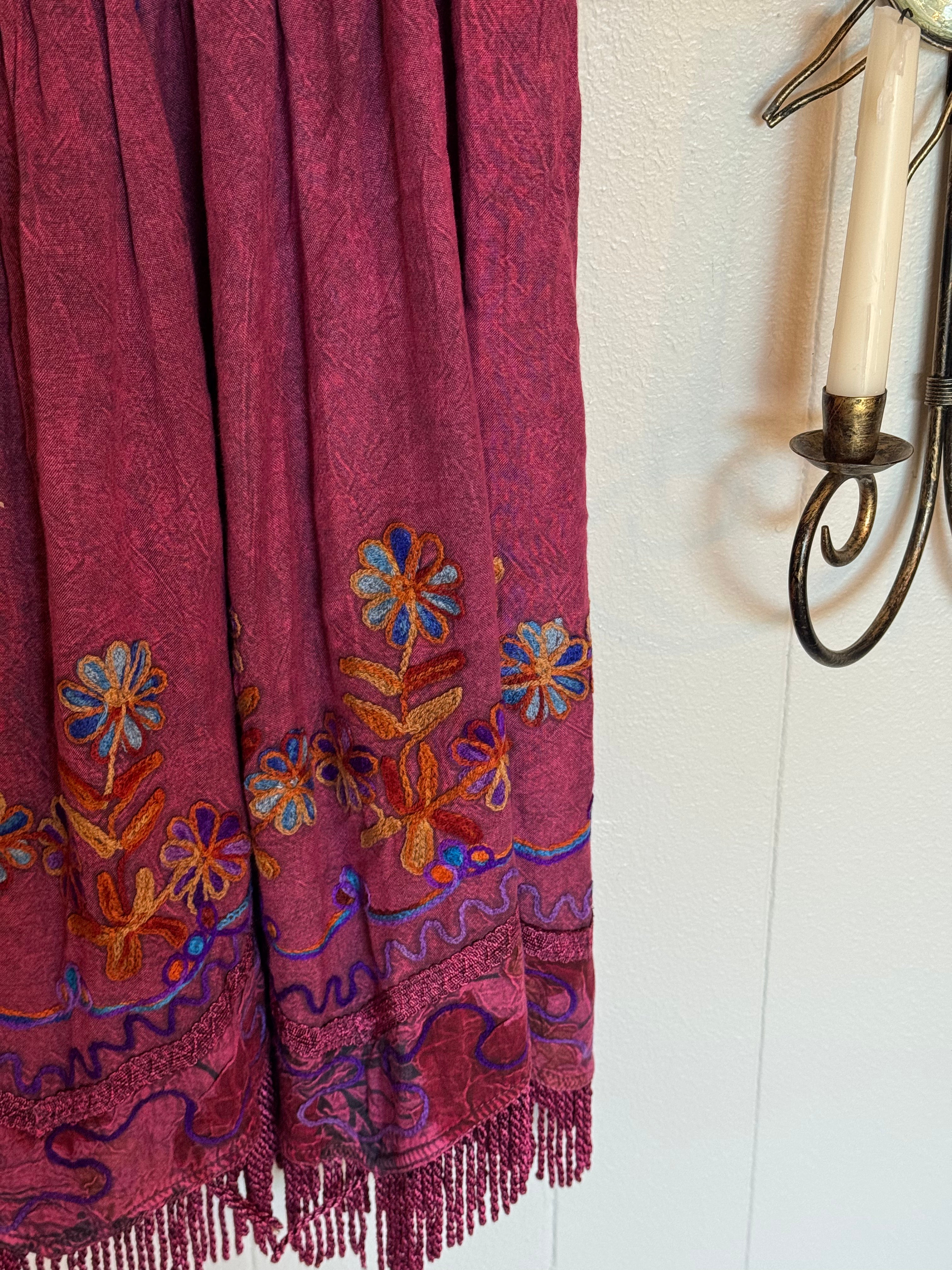 Embroidered Skirt with Fringe Hem and Floral Embroidery Made in India One Size