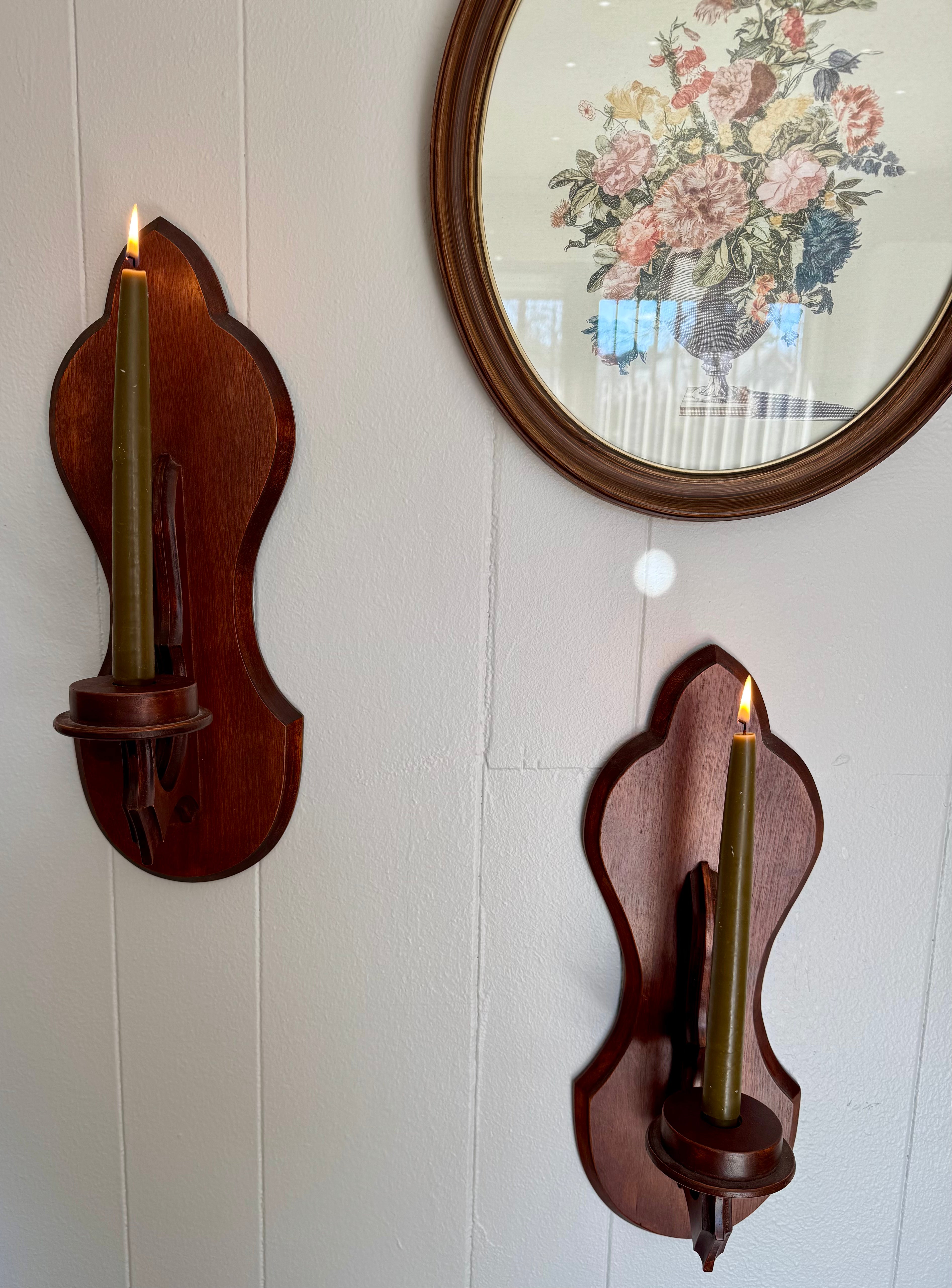 Vintage Wooden Wall Candle Sconces - Pair