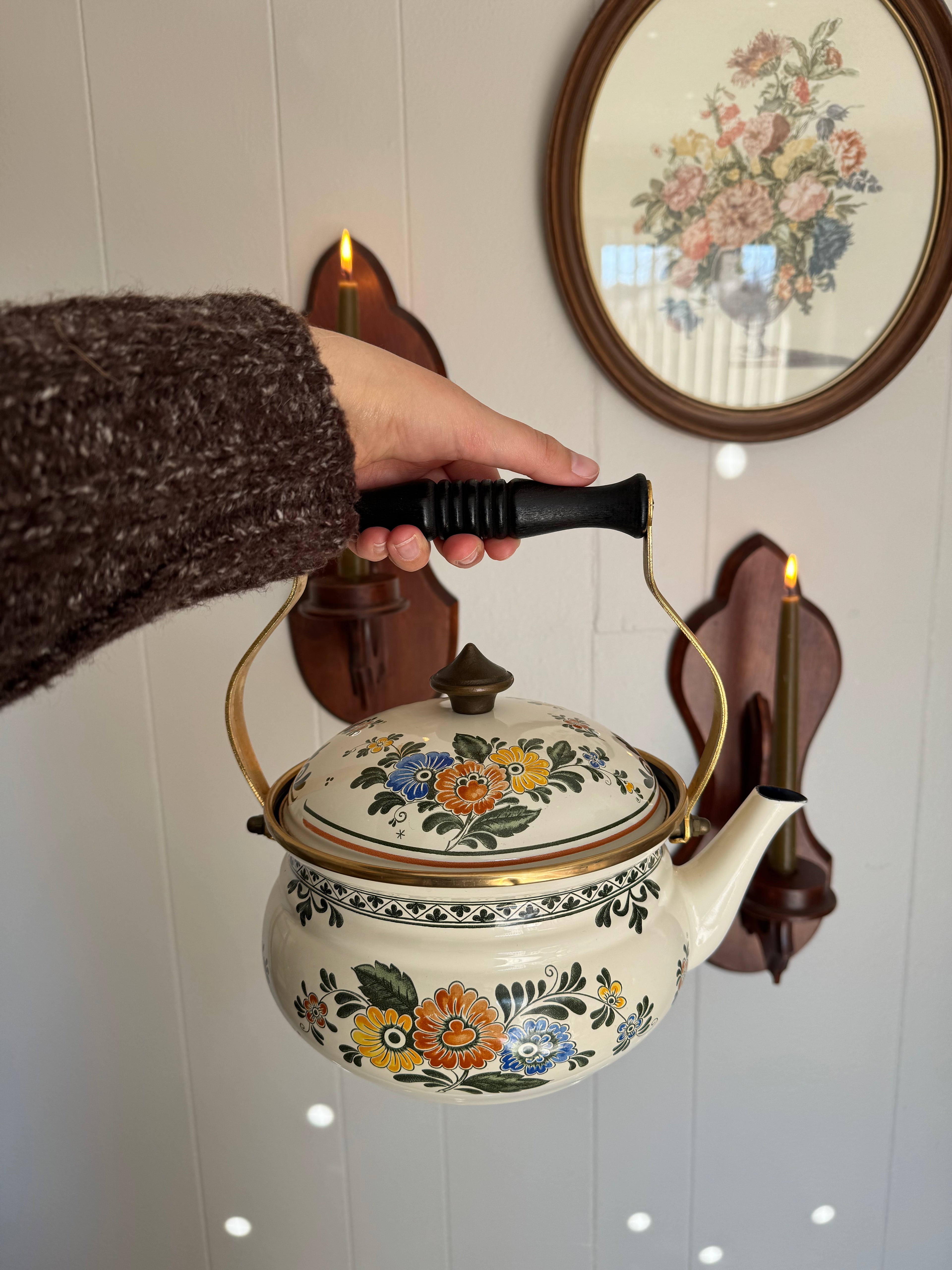 Vintage 1960s Asta Floral Enamelware Tea Kettle Brass & Wood Handle