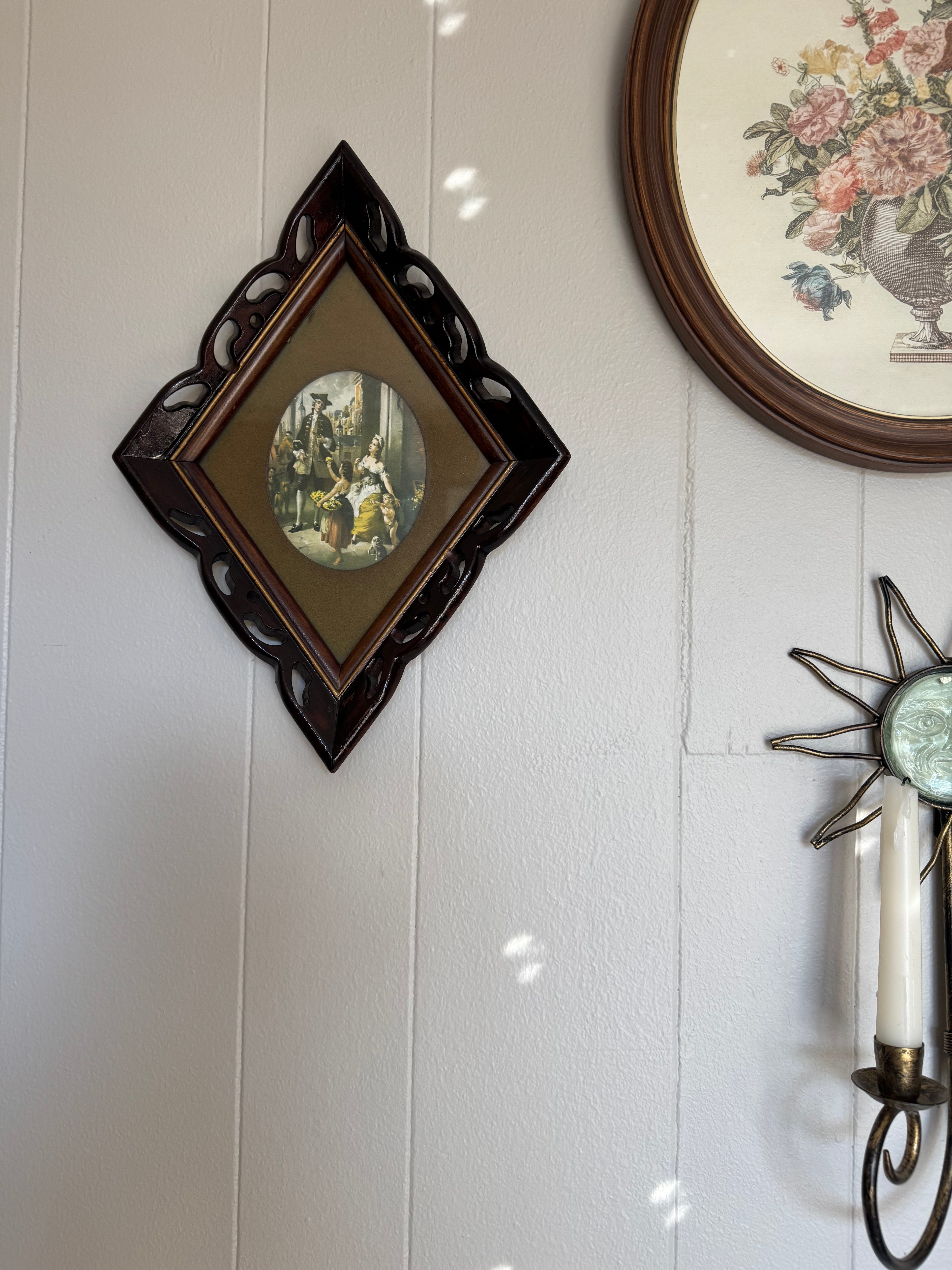 Vintage 1950s MCM Victorian Style Diamond Wood Framed Art Pieces, Set of 3