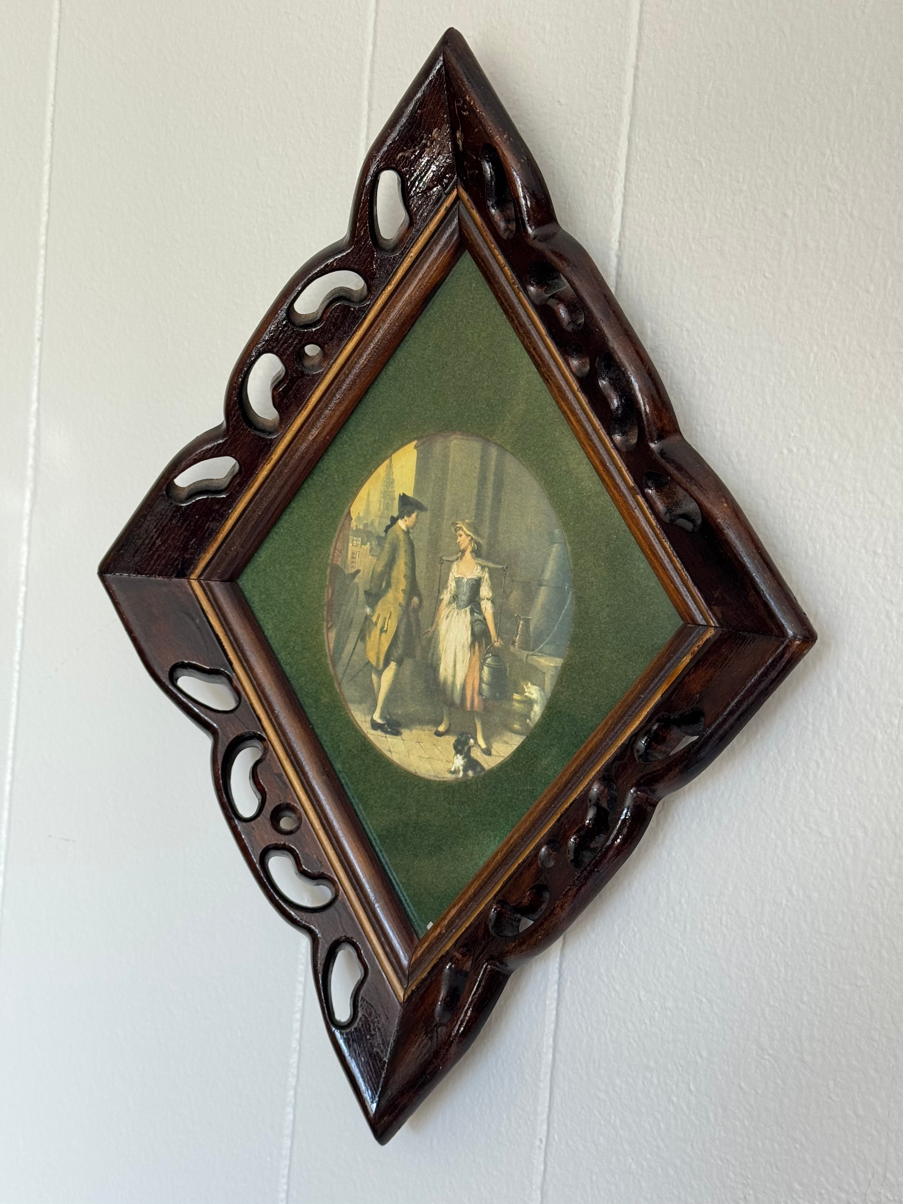 Vintage 1950s MCM Victorian Style Diamond Wood Framed Art Pieces, Set of 3