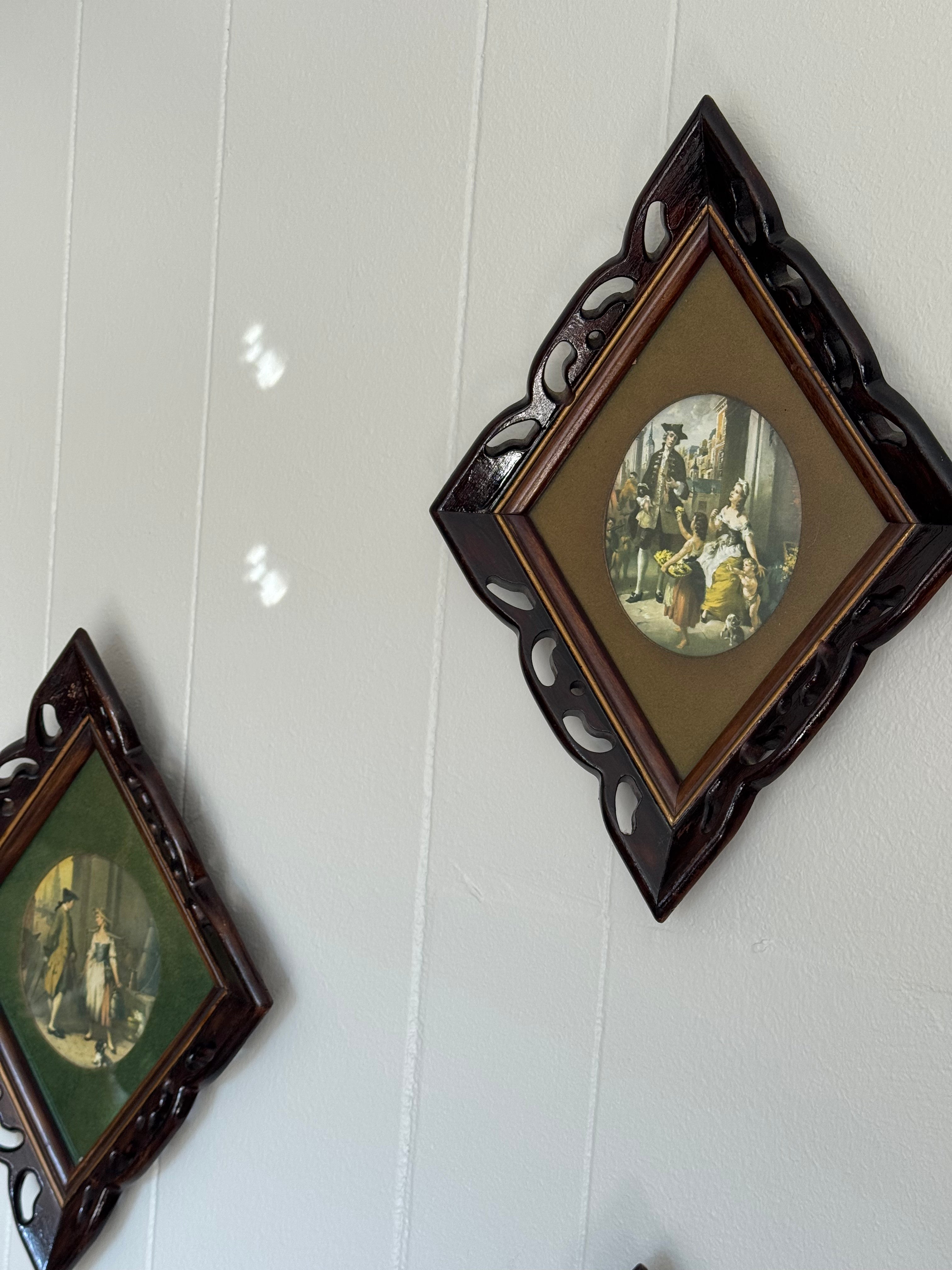 Vintage 1950s MCM Victorian Style Diamond Wood Framed Art Pieces, Set of 3