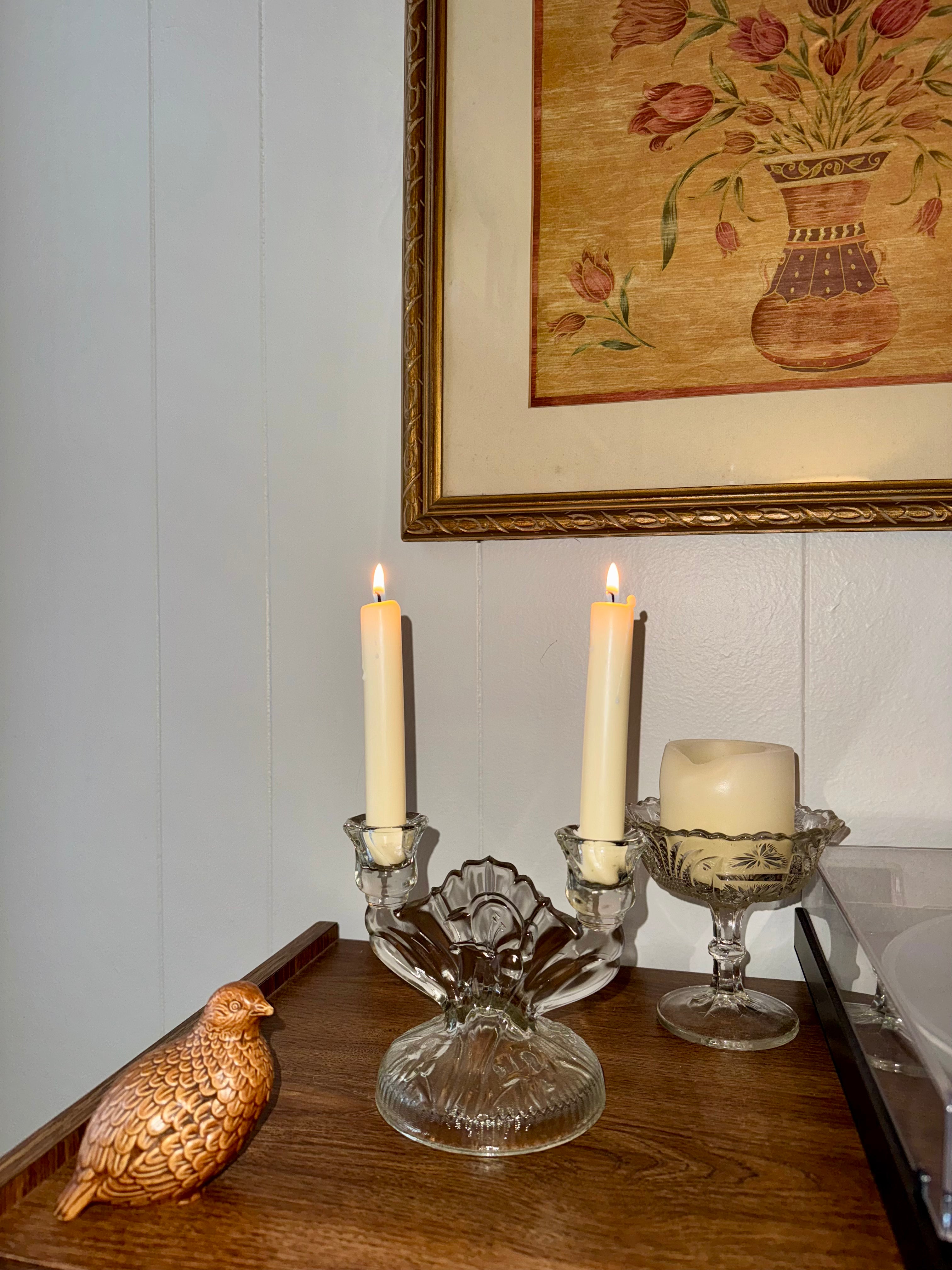 1920s-40s Jeanette Iris and Herringbone Depression Glass Double Candle Holder