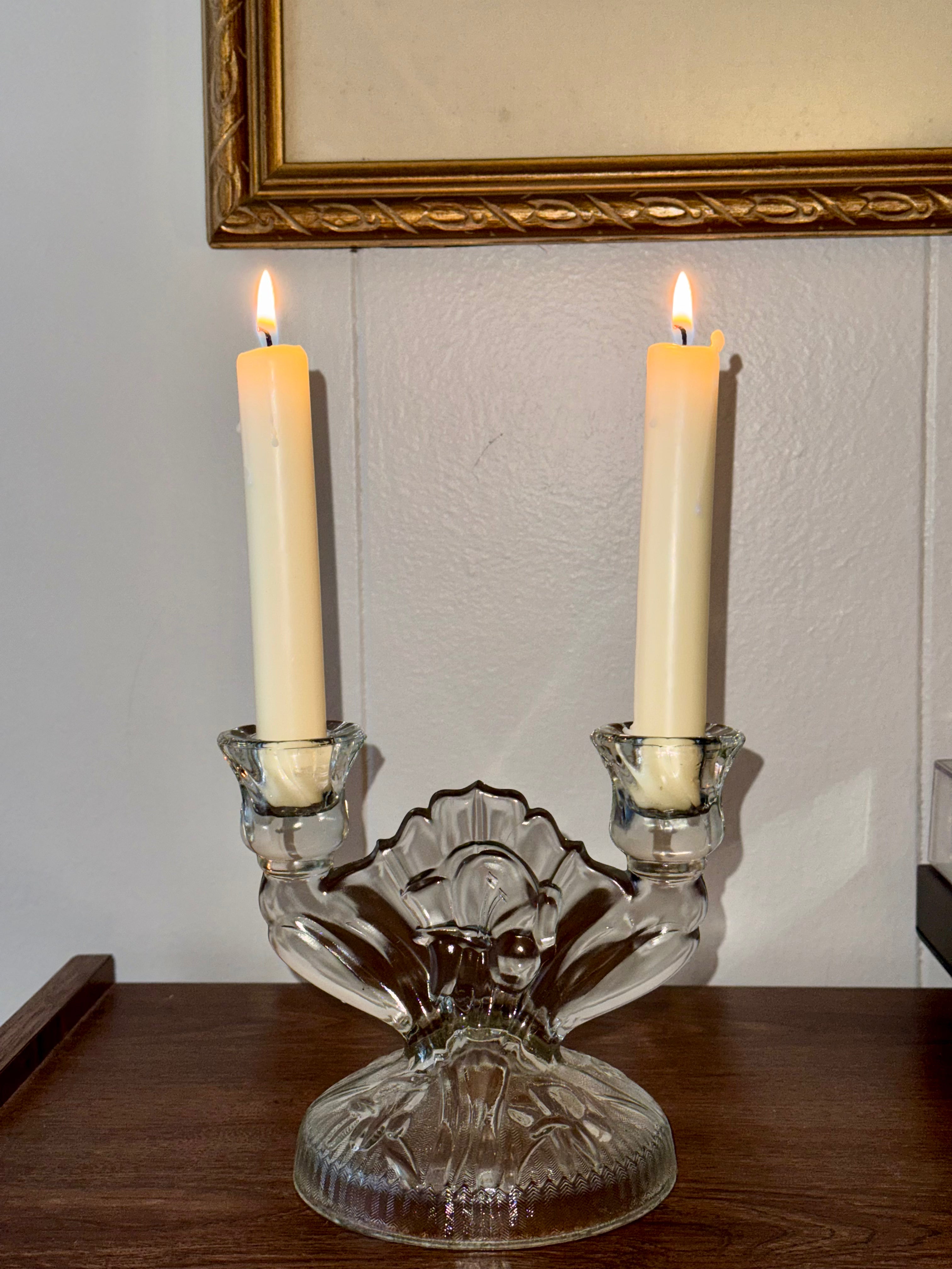 1920s-40s Jeanette Iris and Herringbone Depression Glass Double Candle Holder