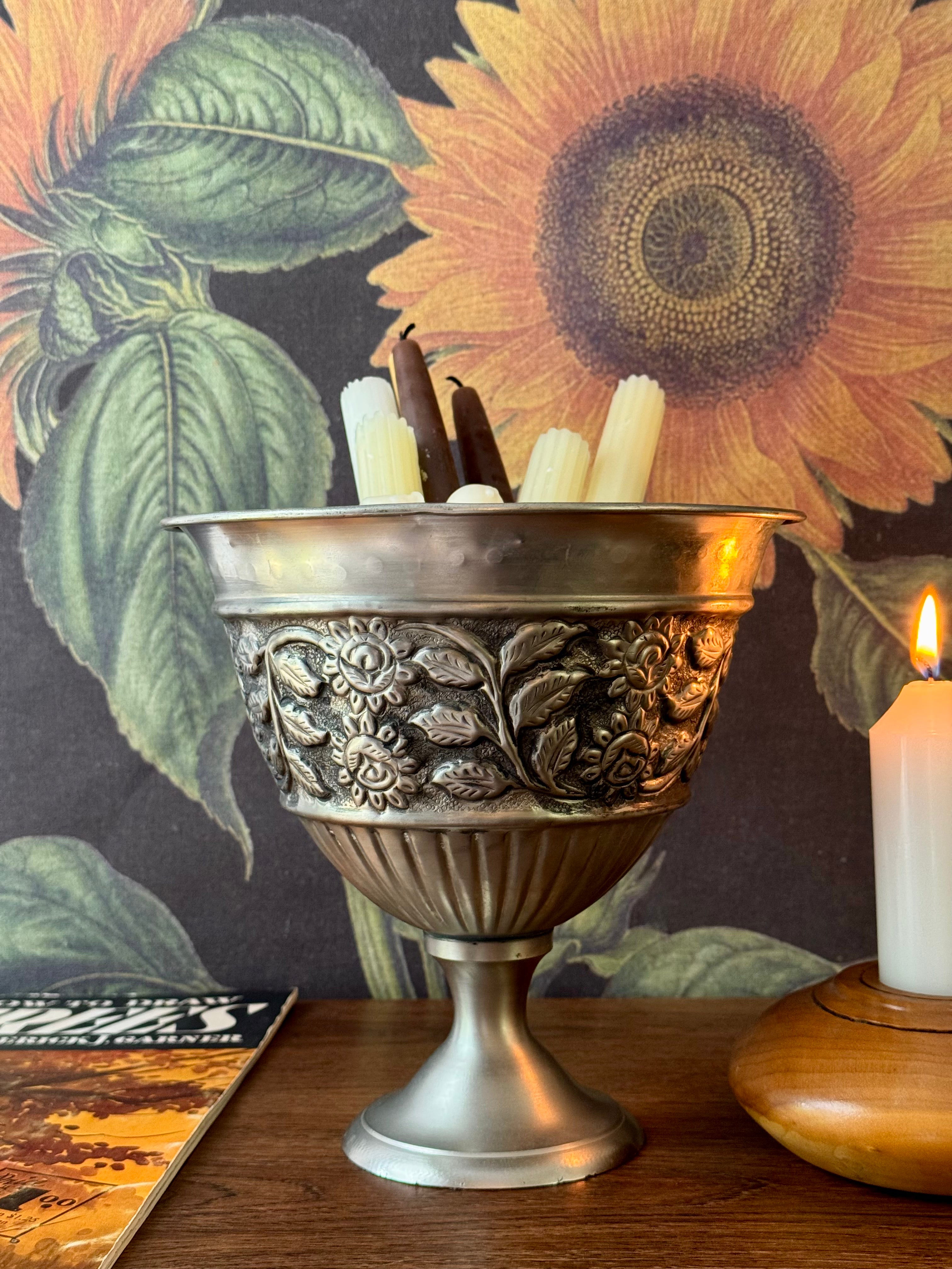 Vintage Silverplate Pedestal Bowl / Vase with Floral Detailing
