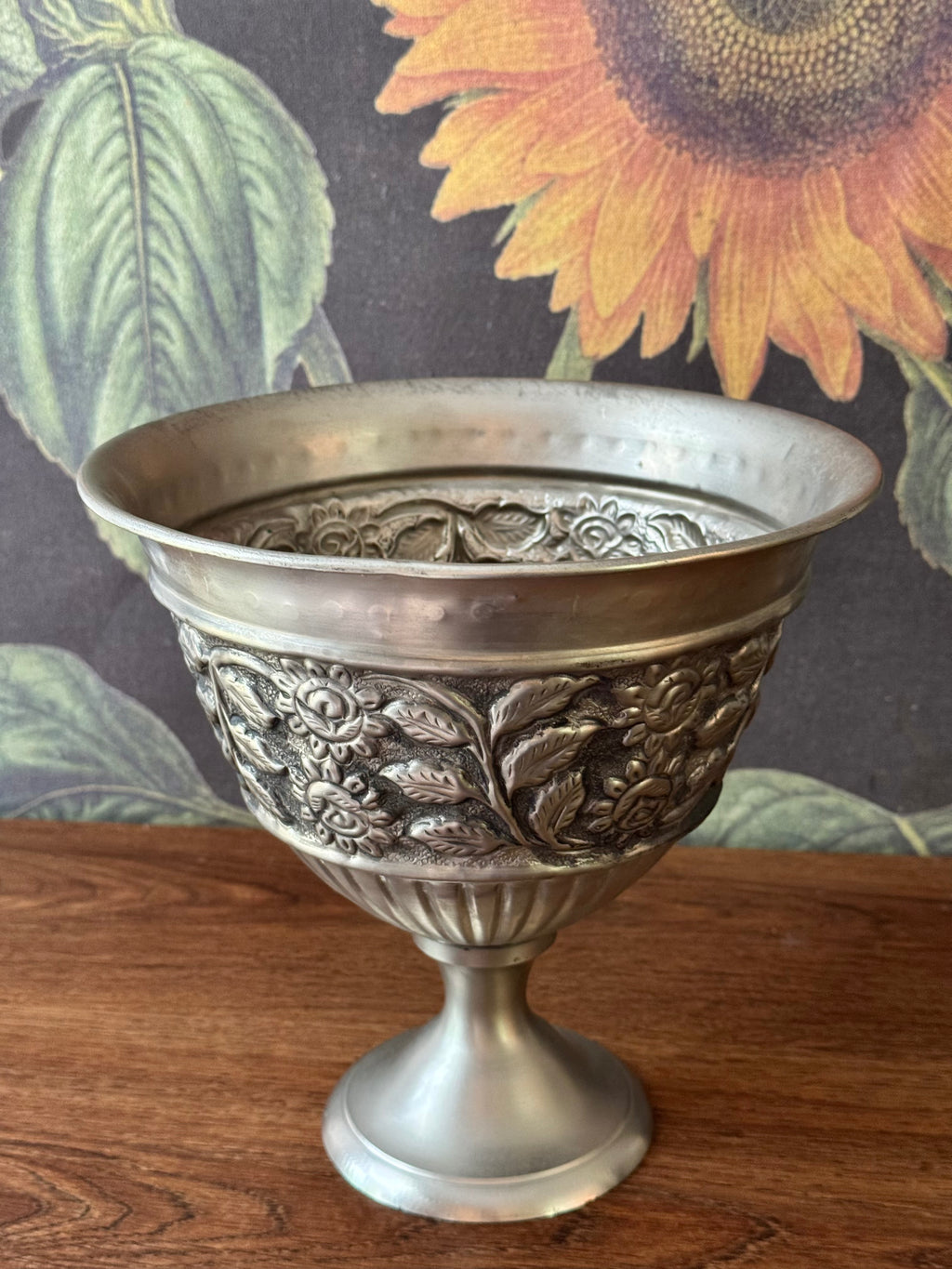 Vintage Silverplate Pedestal Bowl / Vase with Floral Detailing